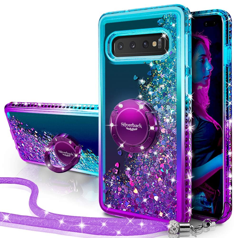 Silverback Galaxy S10 Plus Case, Moving Liquid Holographic Sparkle Glitter Case with Kickstand, Bling Diamond Rhinestone Bumper W/Stand Slim Samsung Galaxy S10 Plus Case for Girls Women -Purple