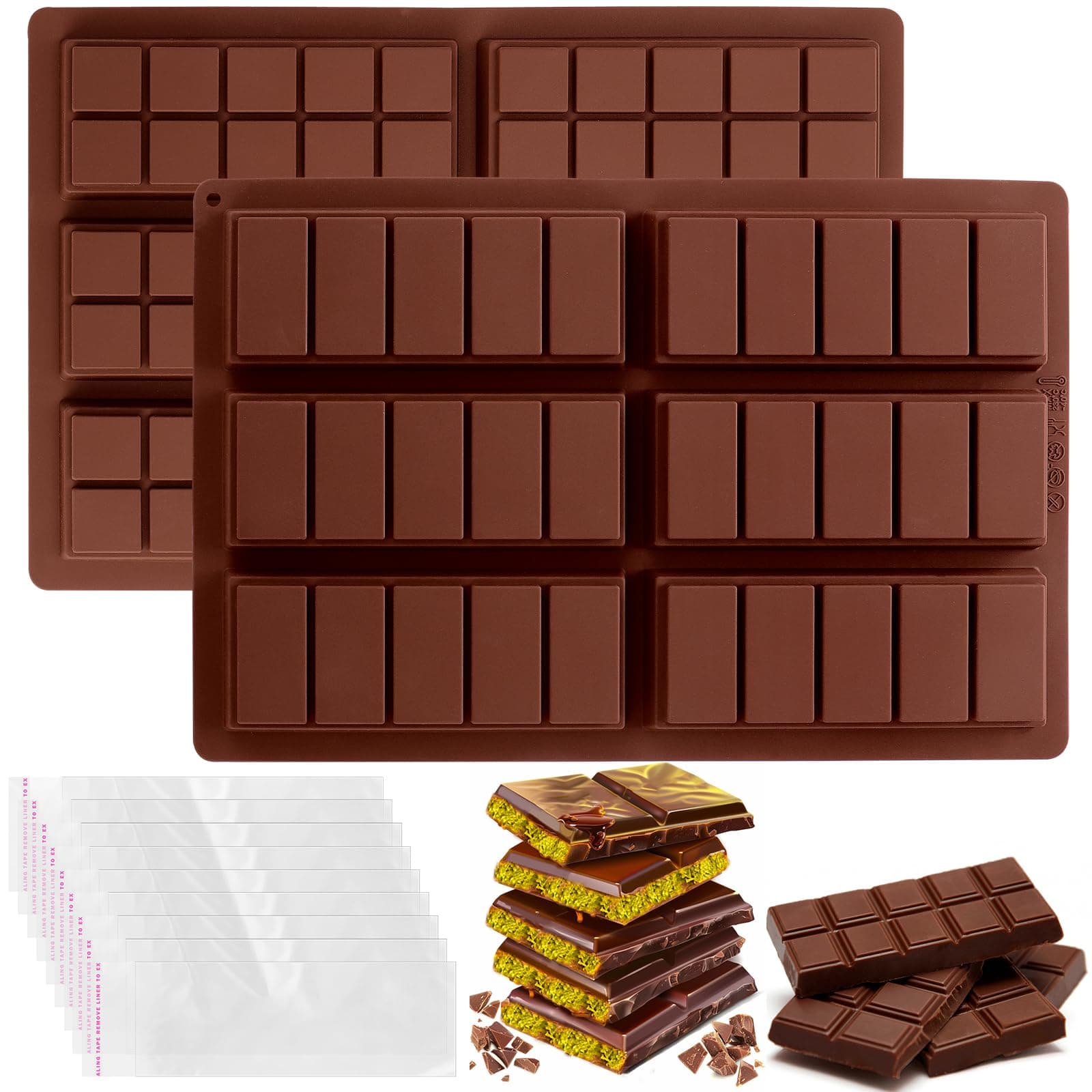 Chocolate Bar Mold Deep - Silicone Thick Mold for Stuffed Bars, Knafeh Pistachio Chocolate Break Apart Candy Molds With 200pcs Storage Bags (Square + Rectangle)