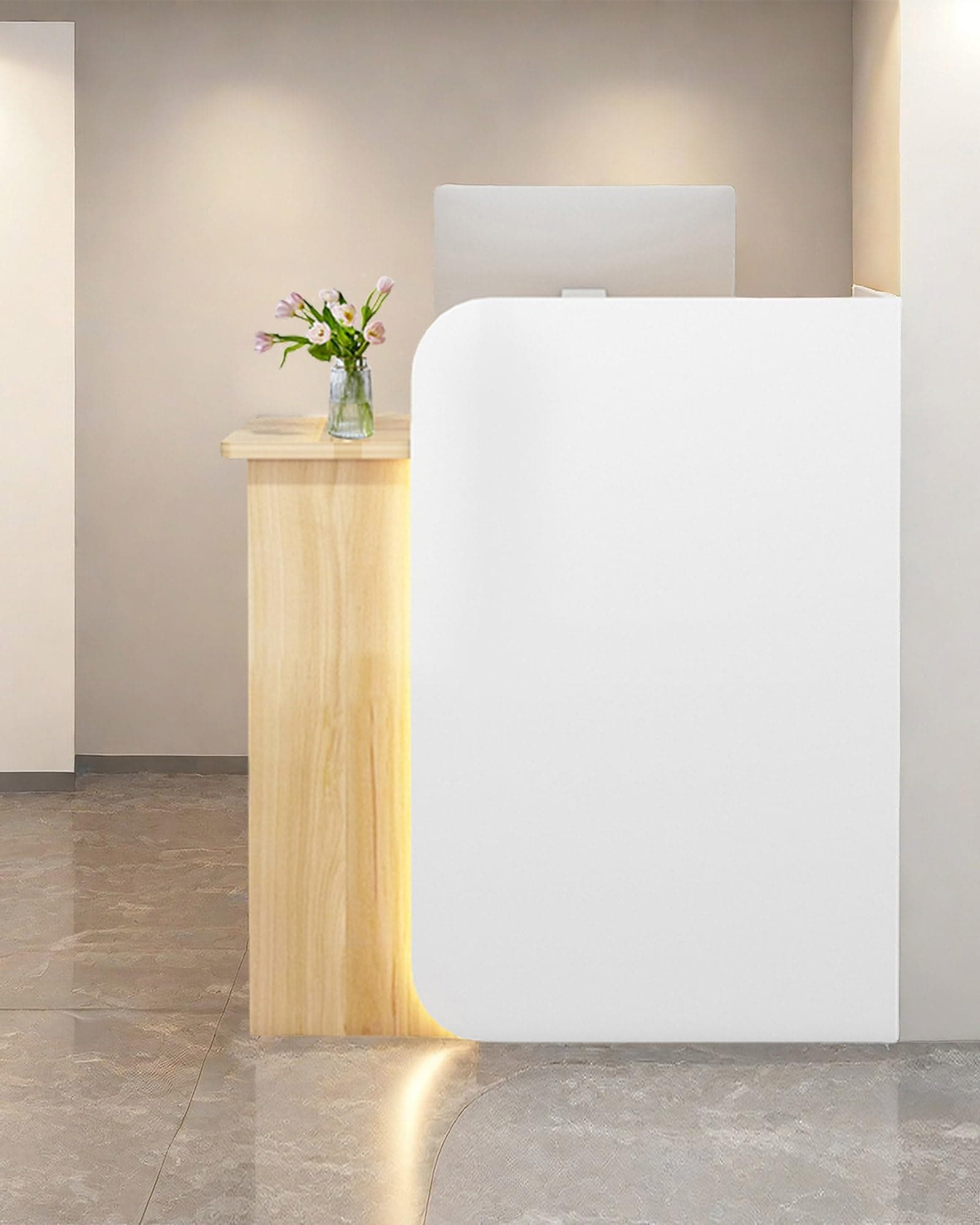 Reception Desk Office Checkout Counter, Modern Front Desk Reception Counter Desk With Lockable Drawer Simple Retail Counter For Retail, Lobby, Beauty Salon Clothing Store(Woodgrain+White,47"Lx18"Wx39"