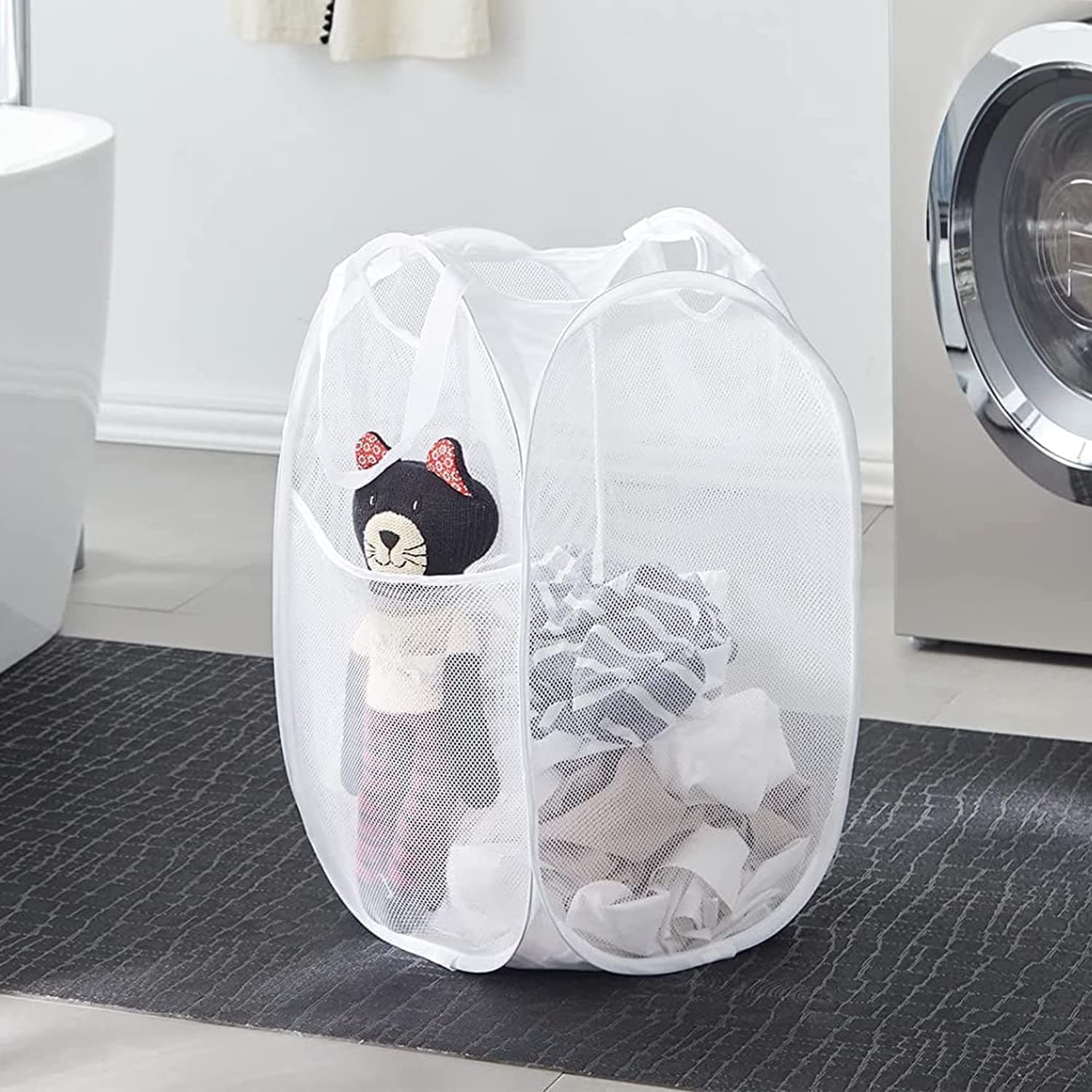 Tycom Pop Up Laundry Mesh Hamper Basket - Storage Solution - Compact Bin - Mesh Collapsible Bag - Laundry Hamper - Collapsible Laundry Basket (White Vertical)