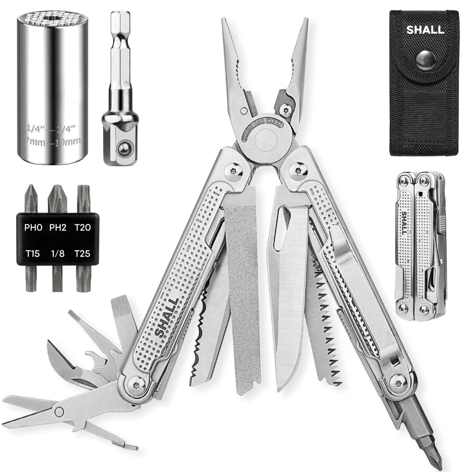 Multi Tool, 18-in-1 Multitool Pliers, Stainless Steel Multi-tool Pocket Knife w/Screwdriver Bit & Universal Socket, Self-locking Multipurpose Tool w/Sheath for Camping Fishing Survival Hunting