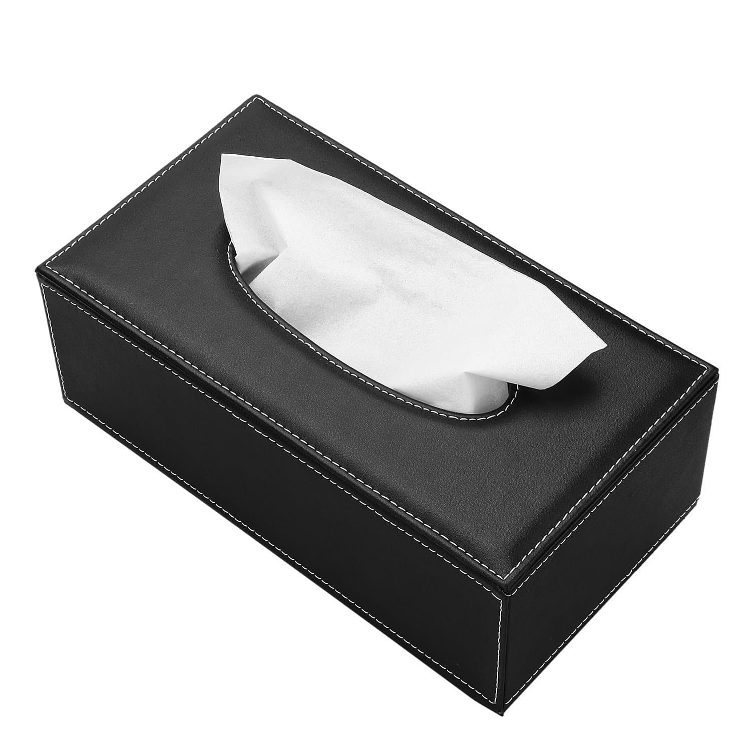 KINGFOM Rectangular PU Leather Tissue Box Cover - Facial Tissue Paper Napkin Holder for Bathroom, Home, Office, Car Automotive Decoration with Magnetic Bottom(Black)