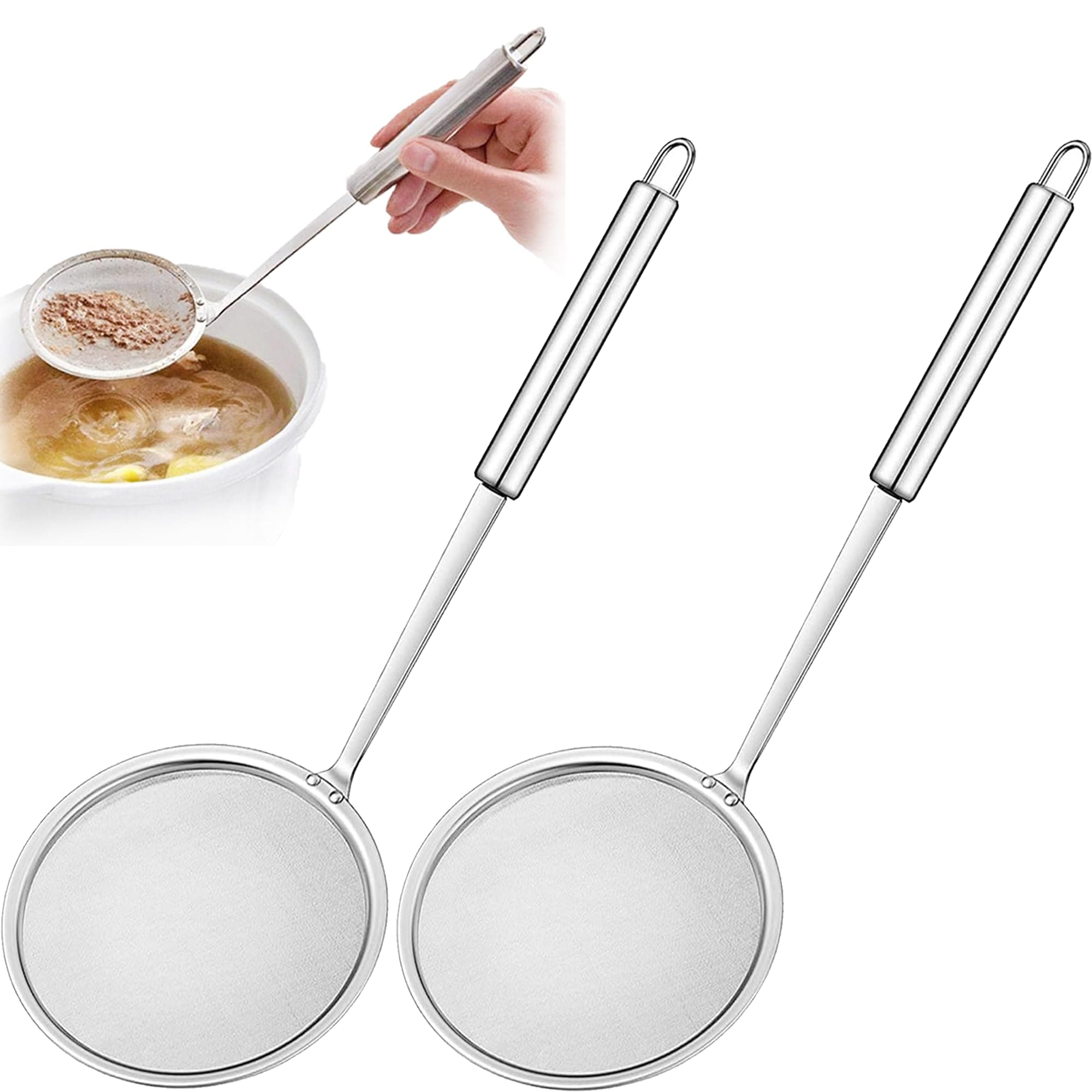 2 Pack Filter Spoon, Strainer Skimmer Spoon, Stainless Steel Fine Wire Mesh Oil Filter Deep Fat Fryer Skimmer Spoon Soup Residue Oil Strainer Colander Spoon with Long Handle