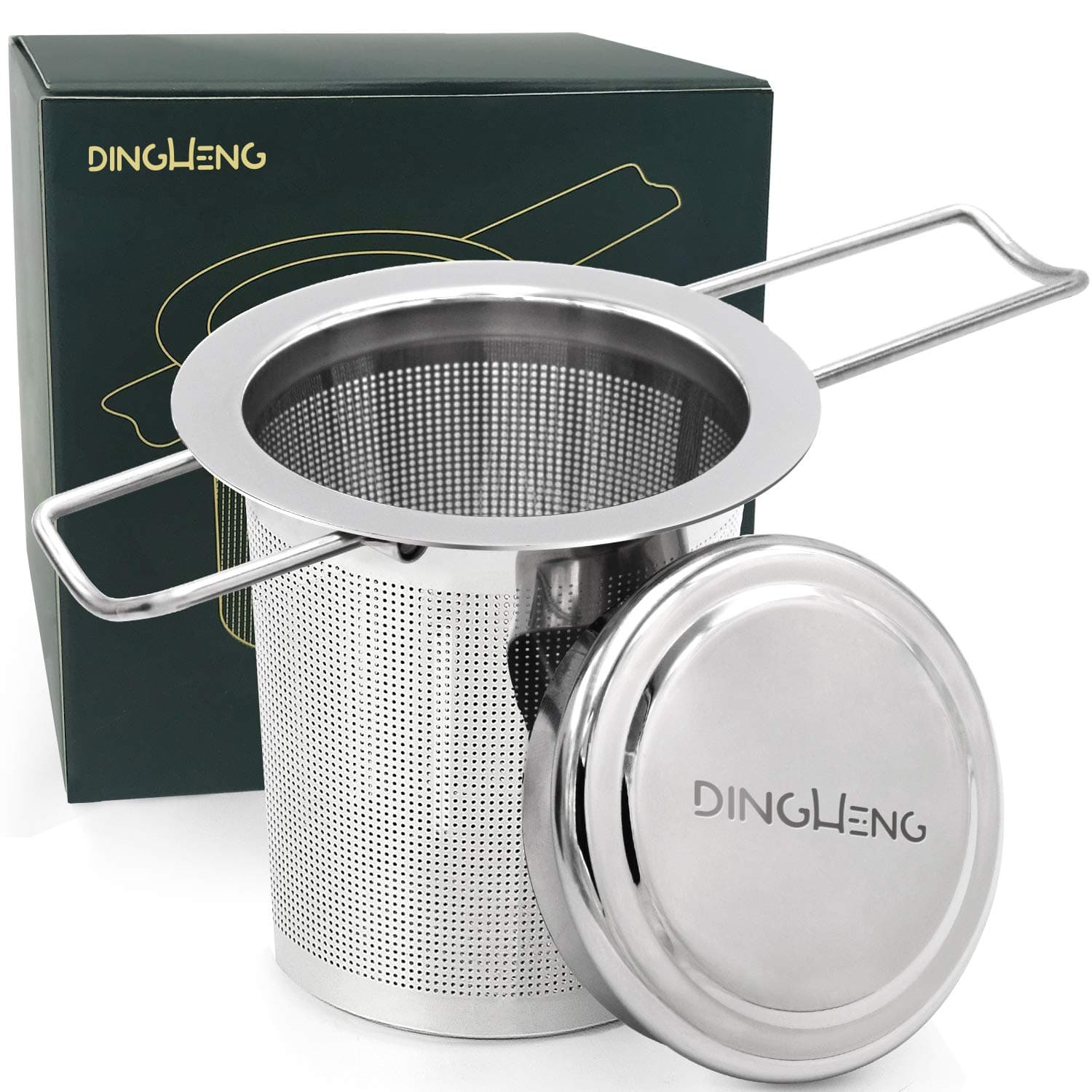 Dingheng Tea Strainer Tea Infuser and Lid/Drip Tray, Rust-Free 304 Stainless Steel Tea Strainer for Loose Leaf Tea, Premium Strainer, Folding Handle, Fits Most Teacups and Bowls