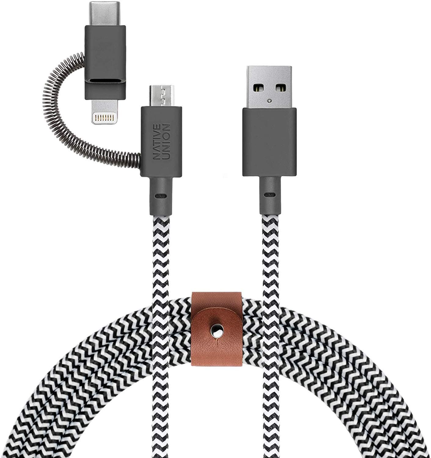 NATIVE UNION Belt Cable Universal -2 Meter Super Strong Reinforced [MFi Certified] Durable Charging Cable with 3-in-1 Adapter for Lightning, USB-C and Micro-USB Devices (Zebra)