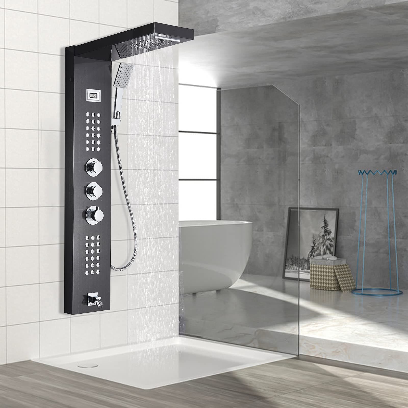TVTIUO Thermostatic Shower Panel Column Tower Shower Panel Wall Mounted Tower System Shower Tower Panel 6 Functions with 2 Massage Jets Black
