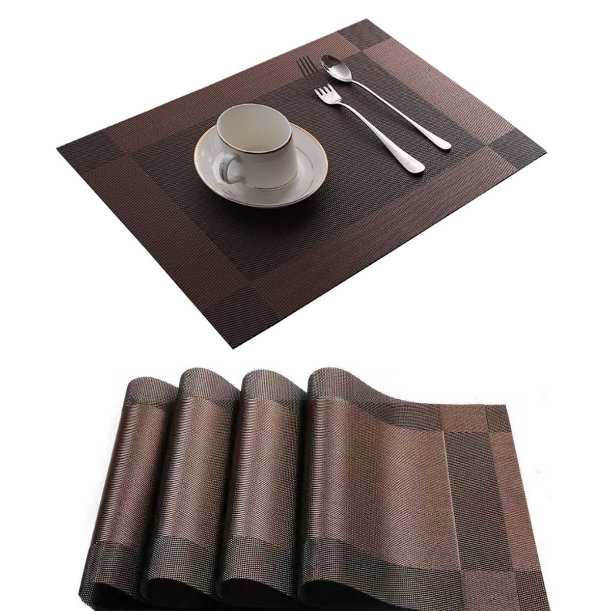 4Pcs Placemats for Dining Table 45 * 30cm Easy to Clean Plastic Washable Placemat for Kitchen Table Indoor Outdoor Table Mats Heat-resistand Washable Woven Vinyl Table Mats (Brown)