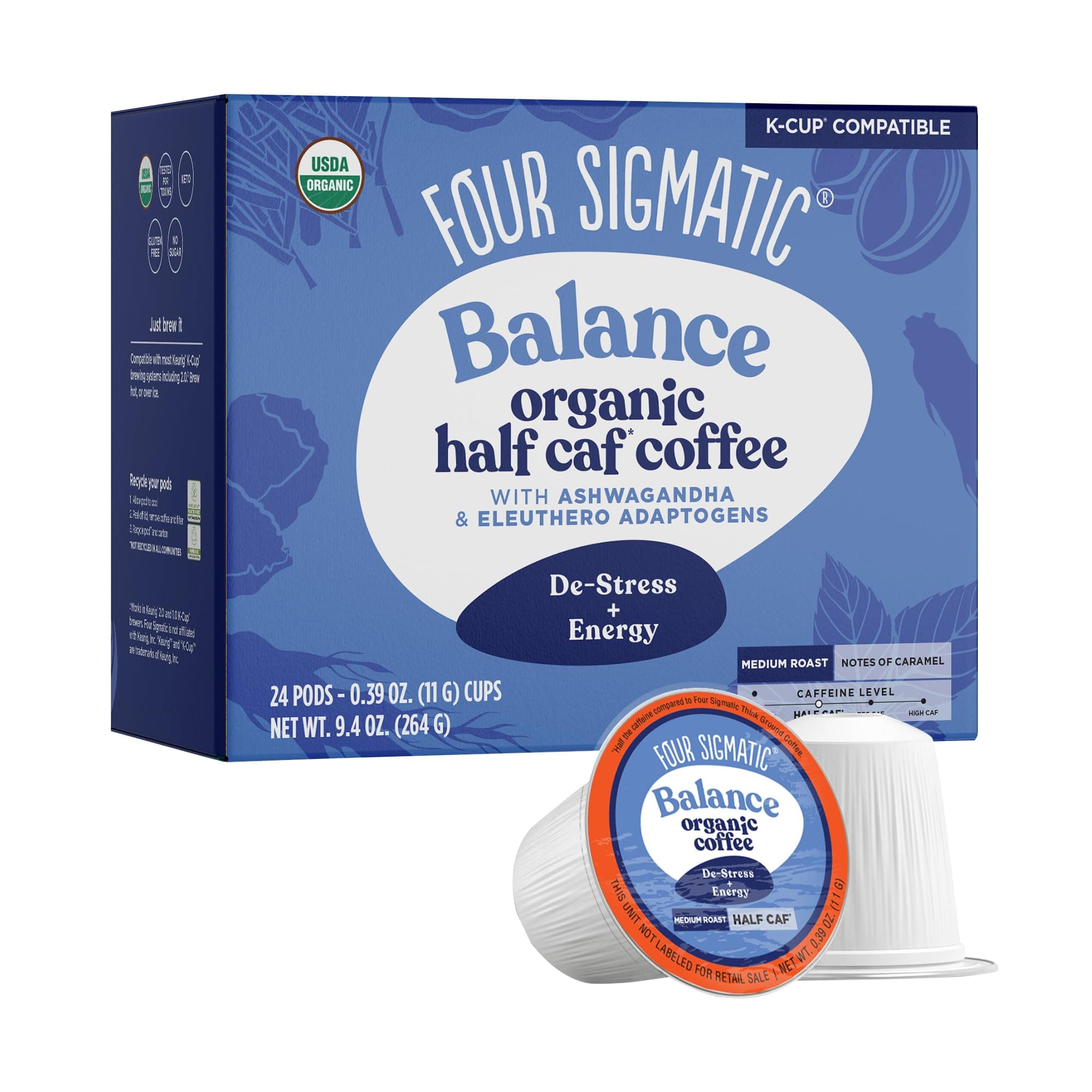 Four Sigmatic Adaptogen Coffee K-Cups, Organic Medium Roast Ground Coffee with Ashwagandha, Chaga & Tulsi, Immune Support & Stress Relief, Keto, 24 Count