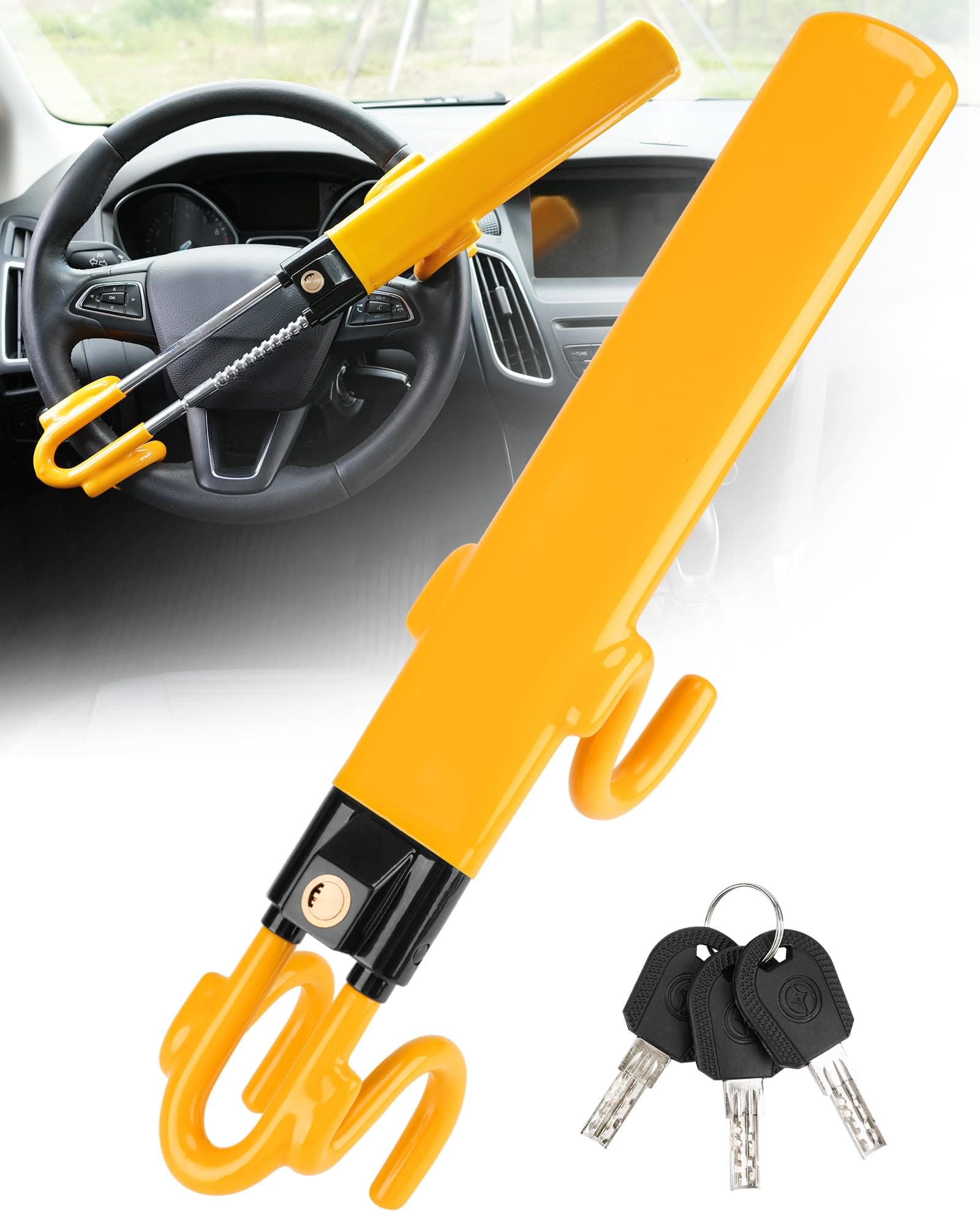 - Steering Wheel Lock - Heavy Duty Antitheft Device and Car Security Lock with Adjustable Locking and 3 Keys - Great Vehicle and Truck Deterrent (Yellow)