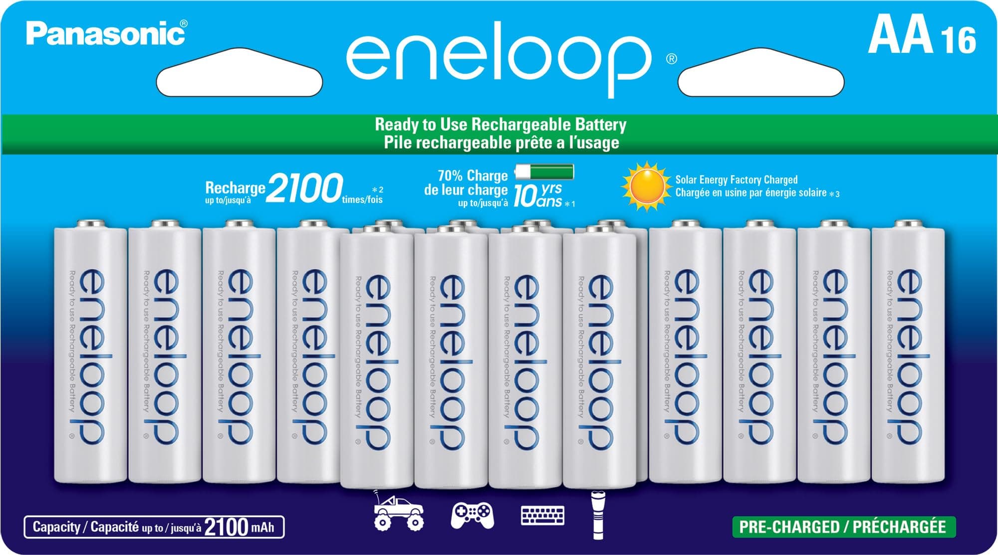 Eneloop Panasonic BK-3MCCA16FA AA 2100 Cycle Ni-MH Pre-Charged Rechargeable Batteries, 16-Battery Pack