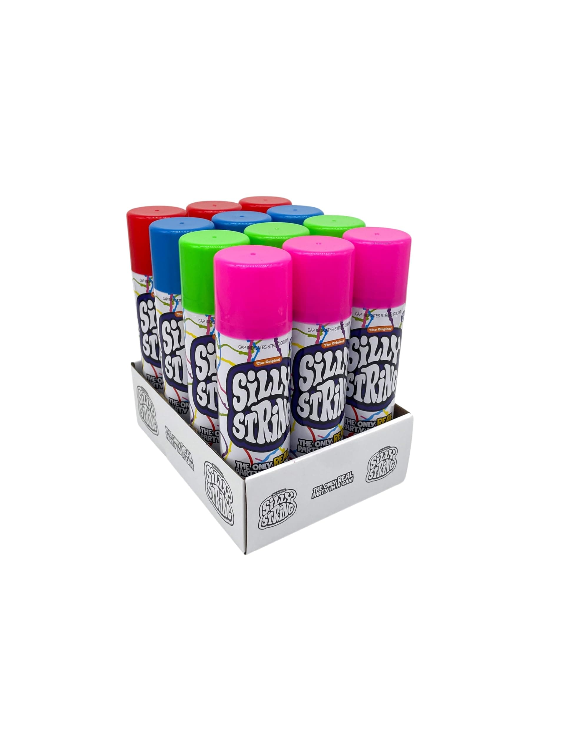 The Original Silly String! Silly String Party Pack, 12 pack, Assorted Colors, 3oz Large Can The Only REAL Party in a Can! Be Silly! Shoots over 15ft!