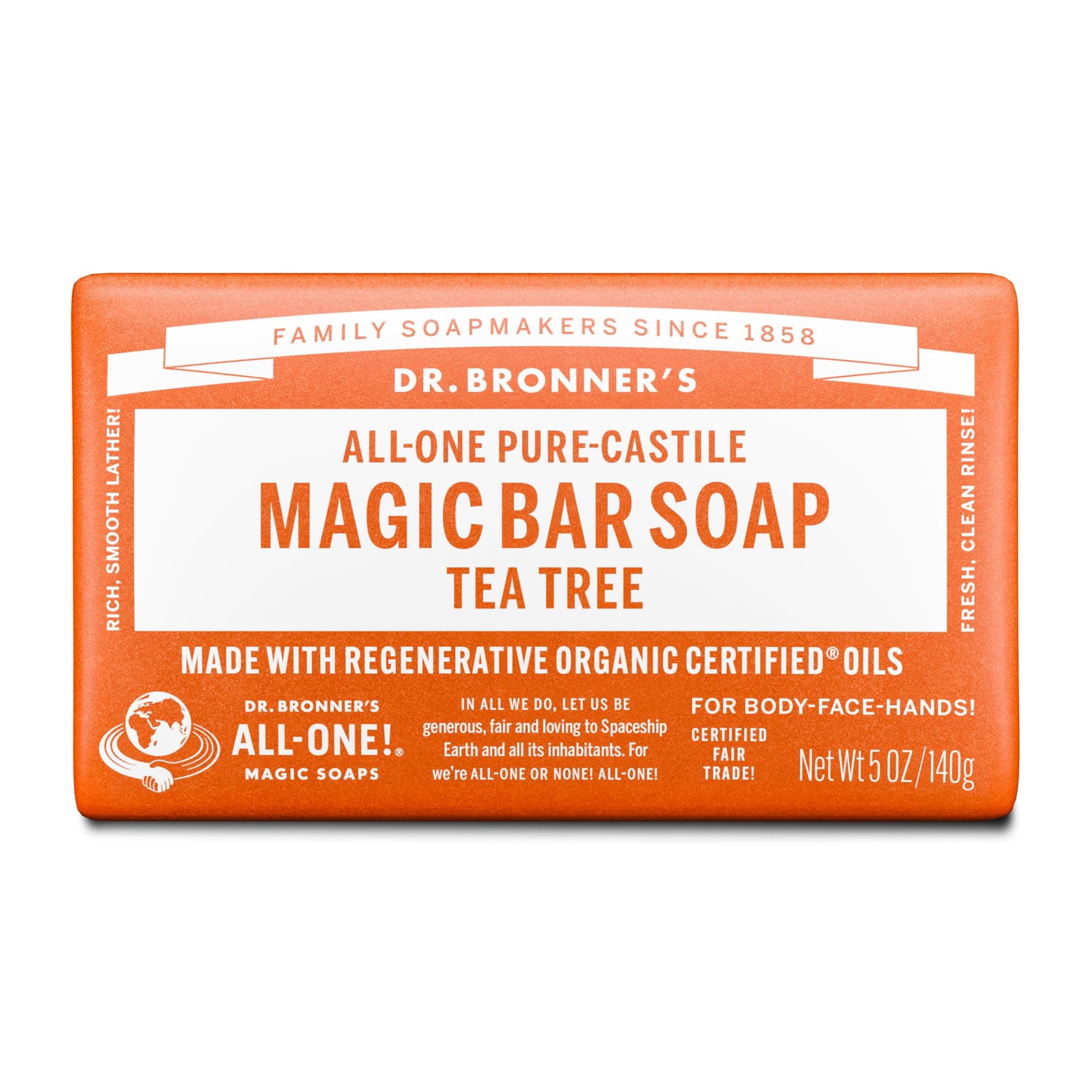 Dr Bronner's 3-in-1 Tea Tree Pure Castile Bar Soap, Made with Organic Oils, Used for Face, Body and Hair, Certified Fair Trade & Vegan Friendly, 140g Bar