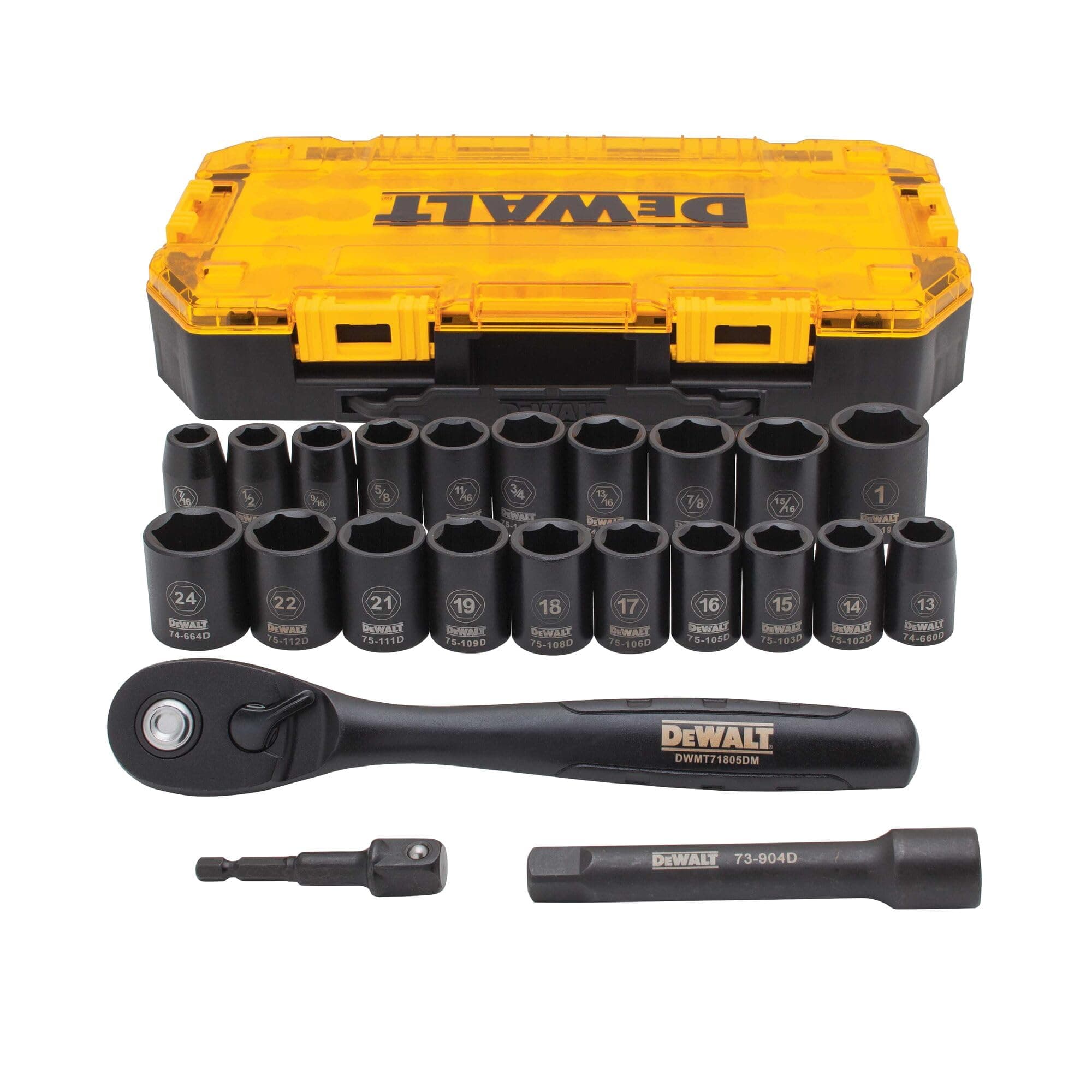Impact Socket Set with Ratchet, Metric/SAE, 1/2" Drive, 23-Piece Set with Case (DWMT74739) 