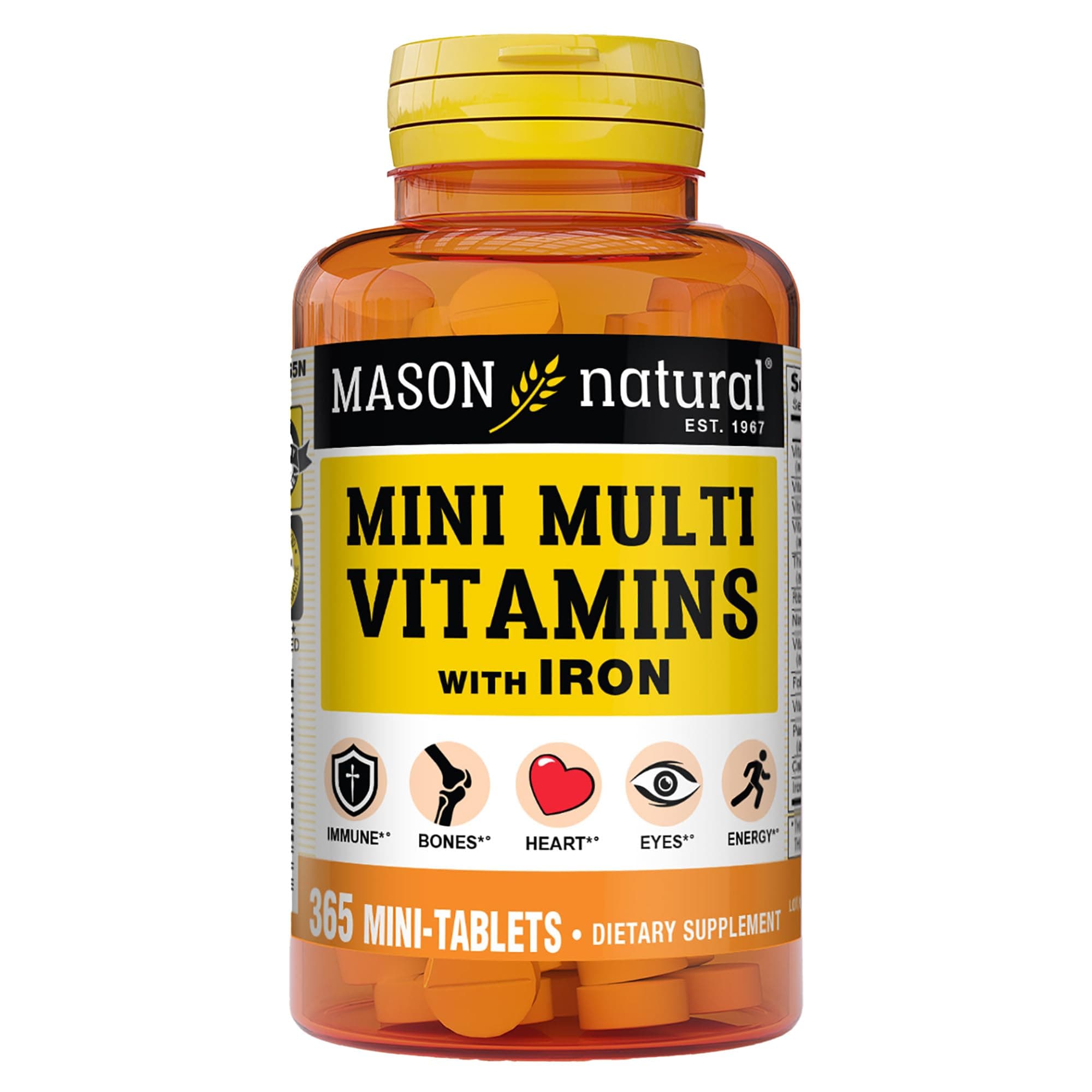 Mini Multi Vitamins with Iron, Vitamins A, C, D, E, B1, B2, B3, B6, B12, Folate and Calcium for Overall Health, 1 Year Supply