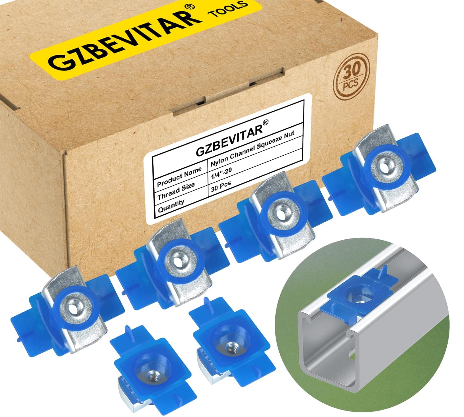 Nylon Channel Squeeze Nut, 8mm Thickened 1/4"-20 Strut Channel Cone Nuts - 30 Pcs, Easy Positioning for American Channel Support Systems, Solar Panels Mounting (30 Pcs)