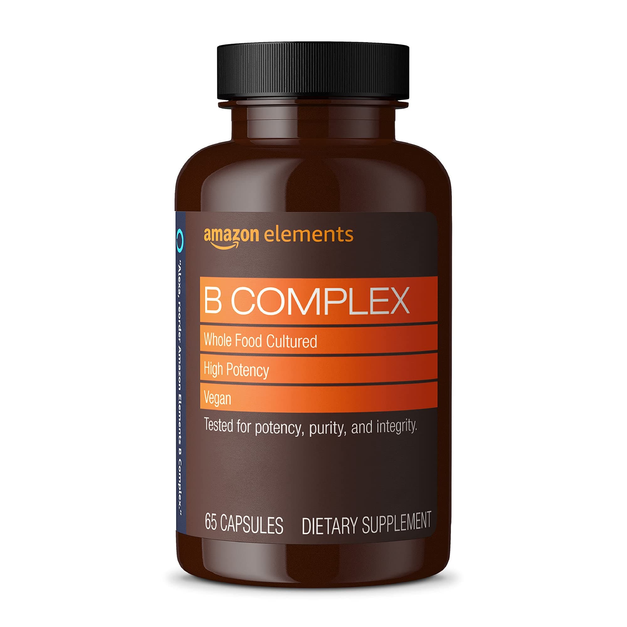 - Amazon Elements - B Complex, High Potency, 83% Whole Food Cultured, Supports Immune and Normal Energy Metabolism, Vegan, 65 Capsules, b Complex Vitamins, 2 month supply (Packaging may vary)