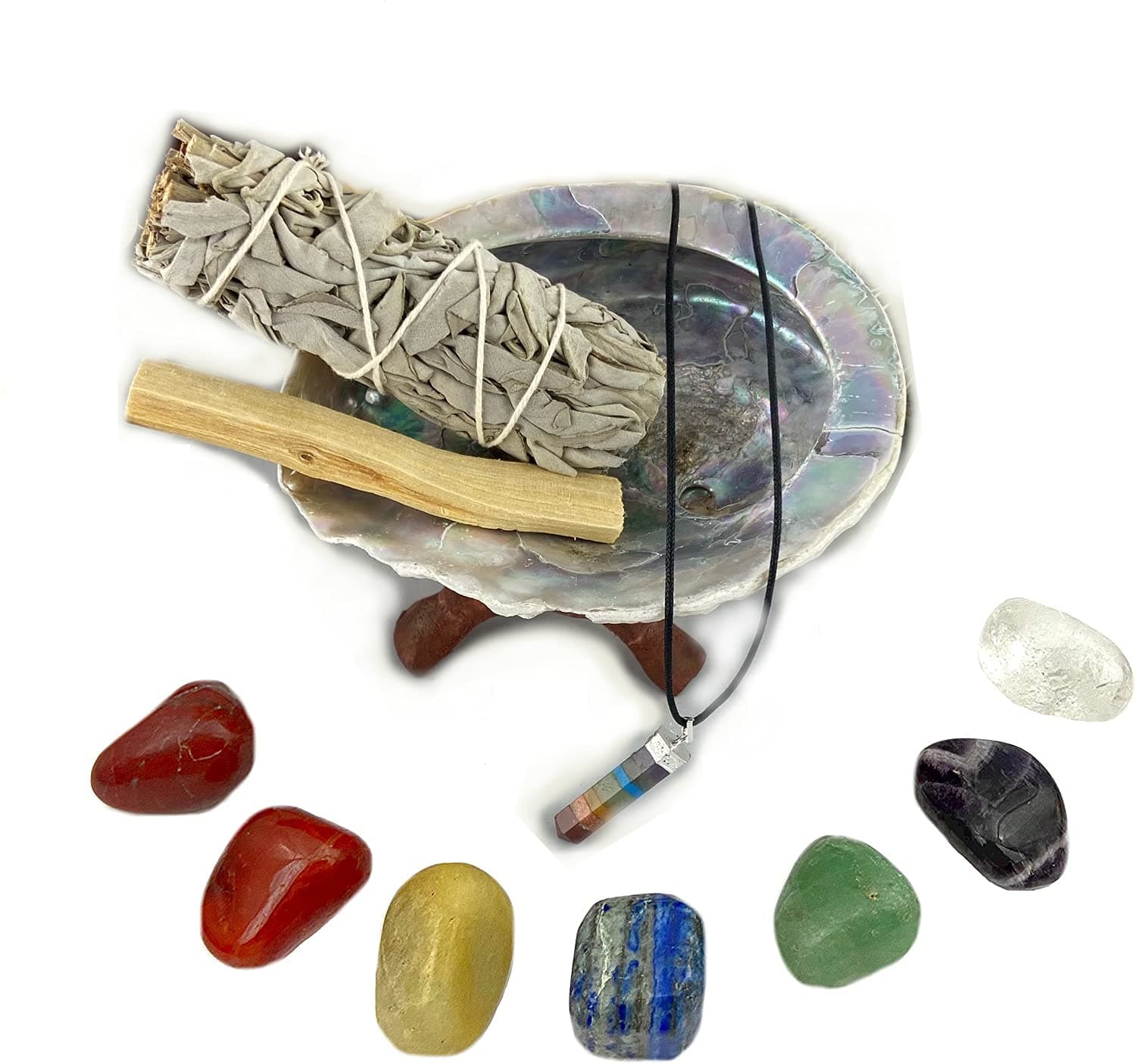 Chakra Stone Set with 7 Crystals, Sage, Abalone Shell, Wood Stand, & Palo Santo Smudge Stick for Spiritual Healing Crystal, Smudging Kit