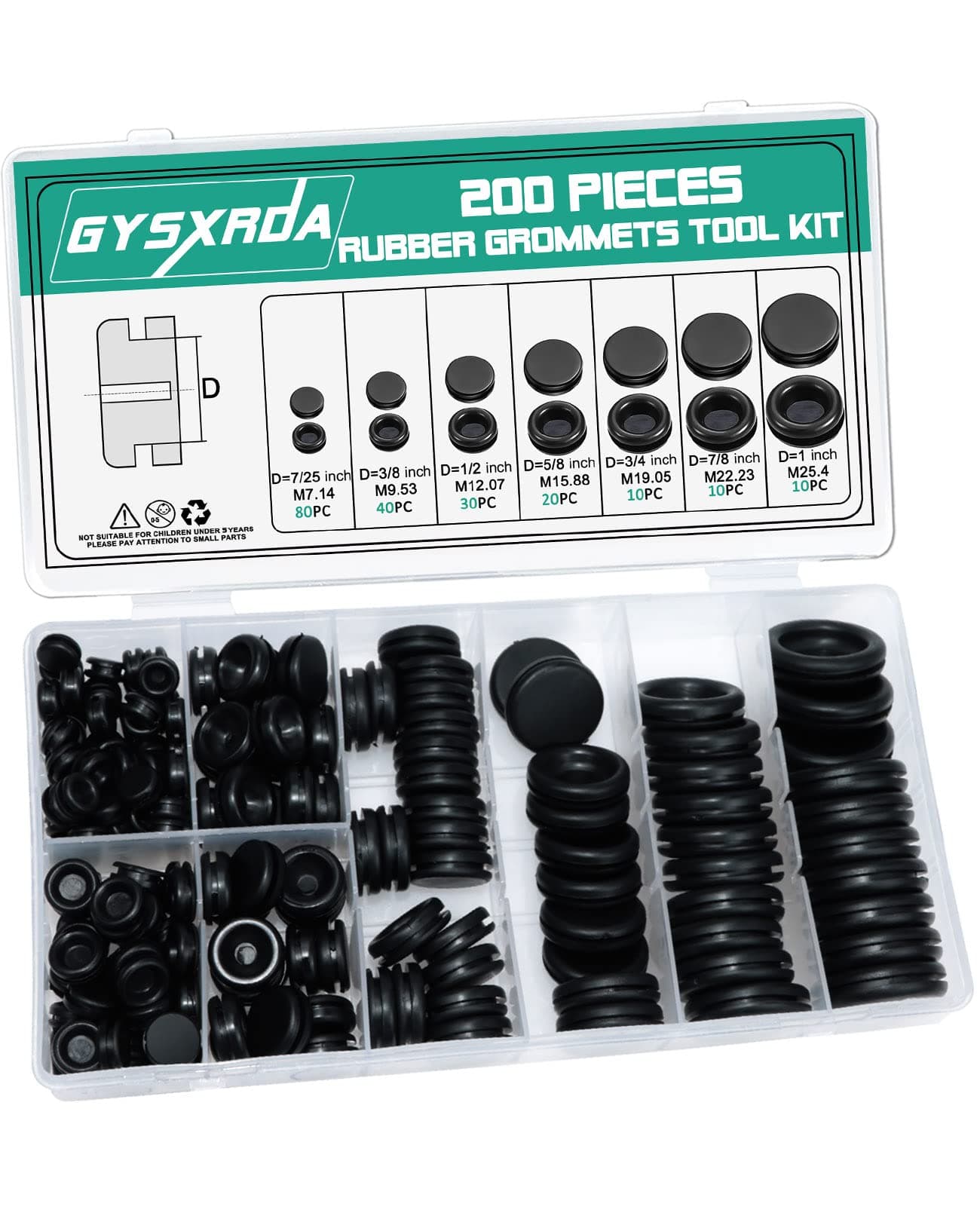 Rubber Grommet Kit 200 Pack - 7 Sizes Firewall Rubber Hole Plugs - Automotive, Home Improvement Cord Pipe Wire Organization