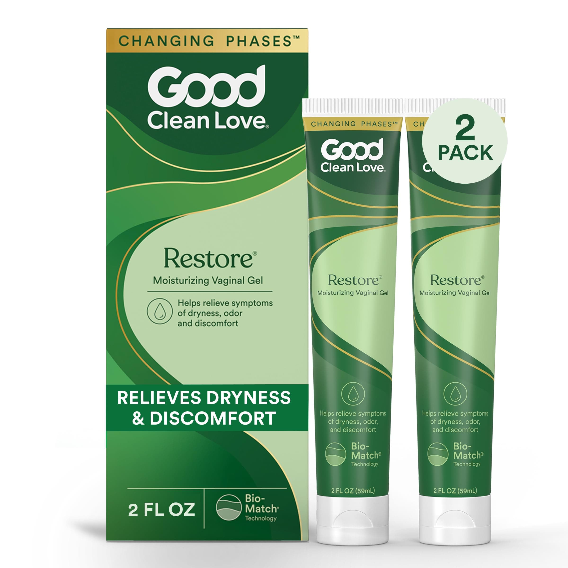 Good Clean Love Restore Moisturizing Vaginal Gel, pH-Balanced Vaginal Moisturizer, Water-Based Feminine Care with Aloe Vera & Lactic Acid, Reduces Dryness, Discomfort & Odor for Women, 2 Oz (2-Pack)
