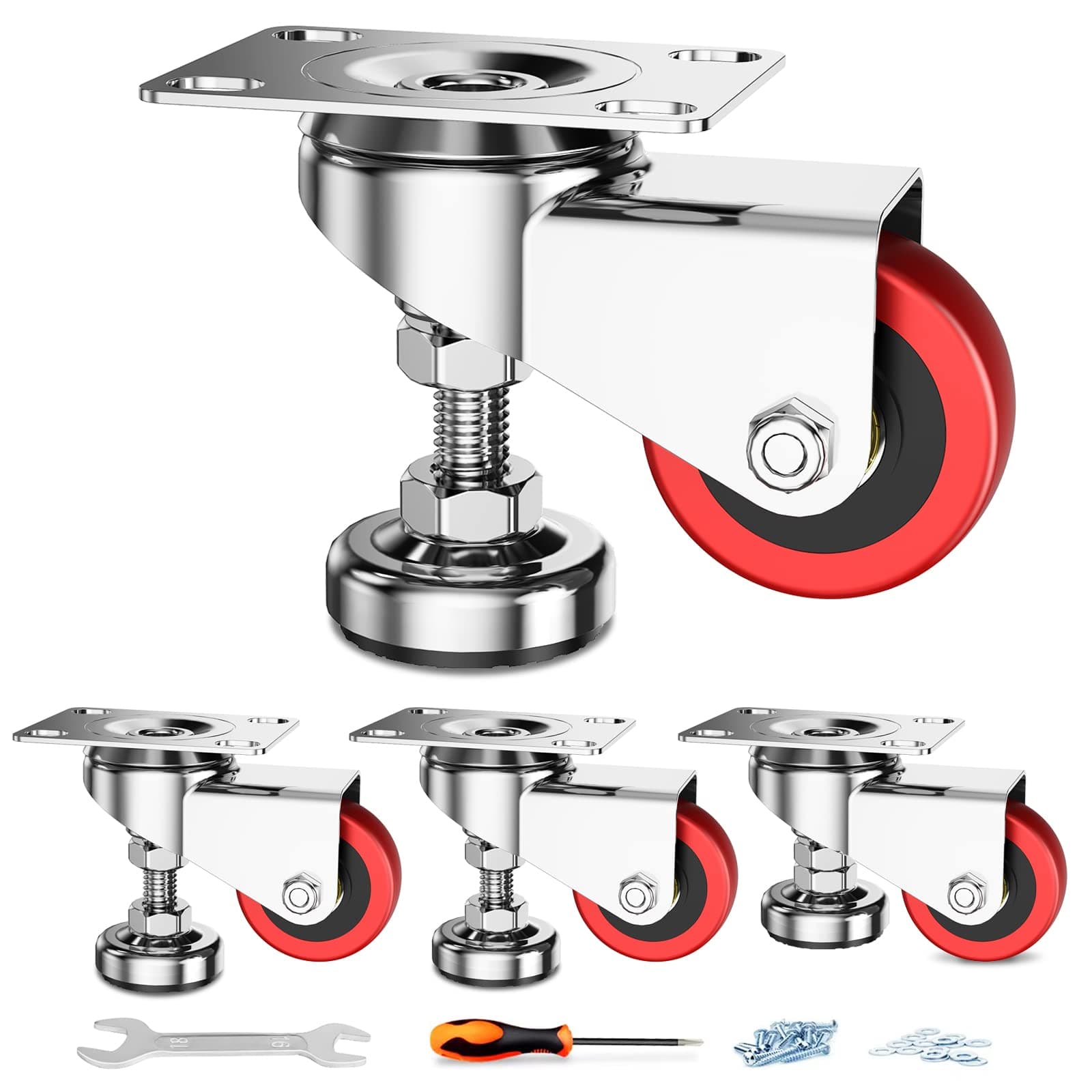 2" Leveling Plate Caster Wheels with Adjustable Anti-Vibration Leveling Foot Pad Heavy Duty Swivel casters for Workbench, Machine Equipment, Furniture Red Set of 4 Total Capacity 1100 Lbs