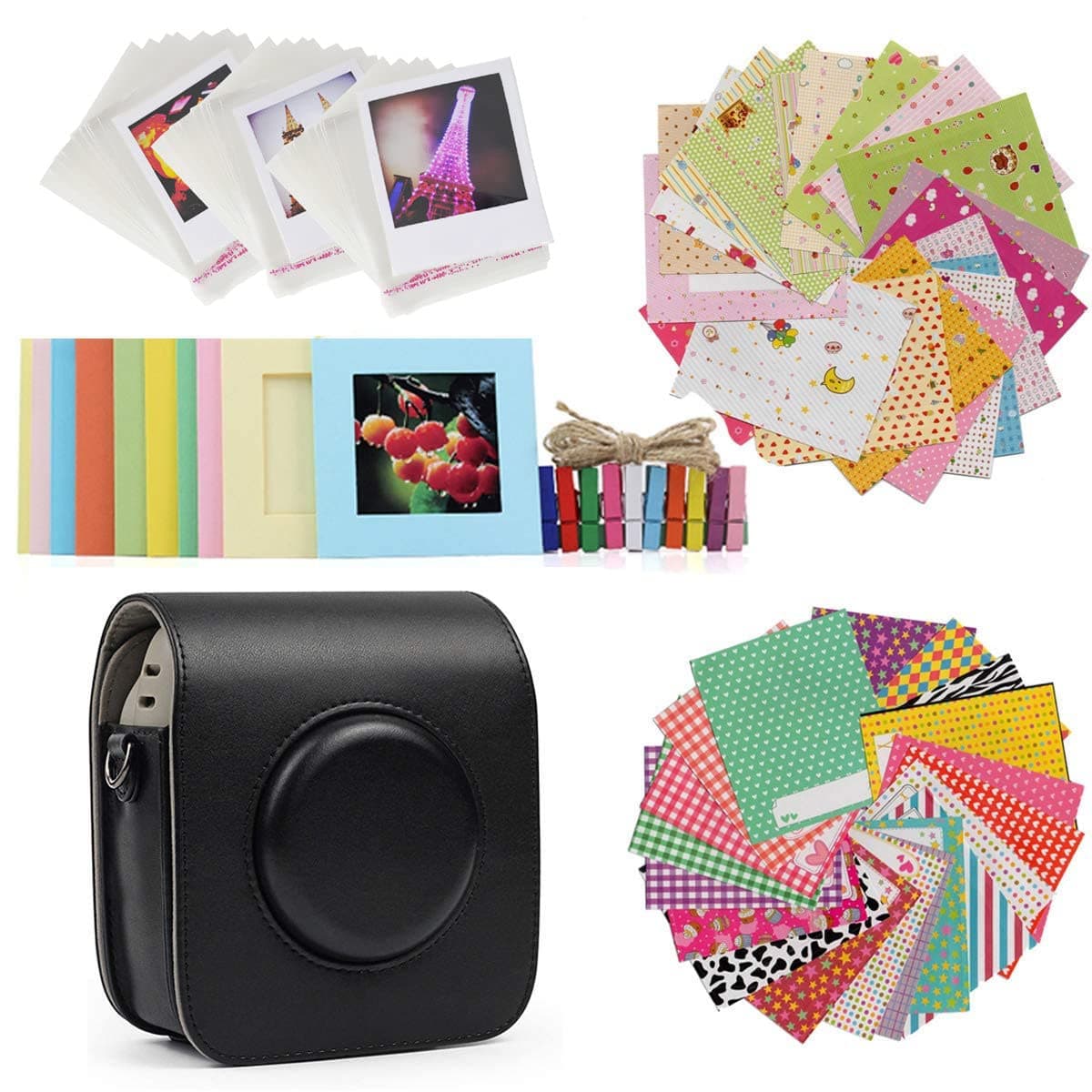 Ngaantyun Bundle Kit Accessories Beige Protective Case Shoulder Bag, Wall Hanging Photo Frames, Wooden Clips, Photo Protective Bags, Sticker Borders Set for Fujifilm Instax Square SQ20 Camera Films