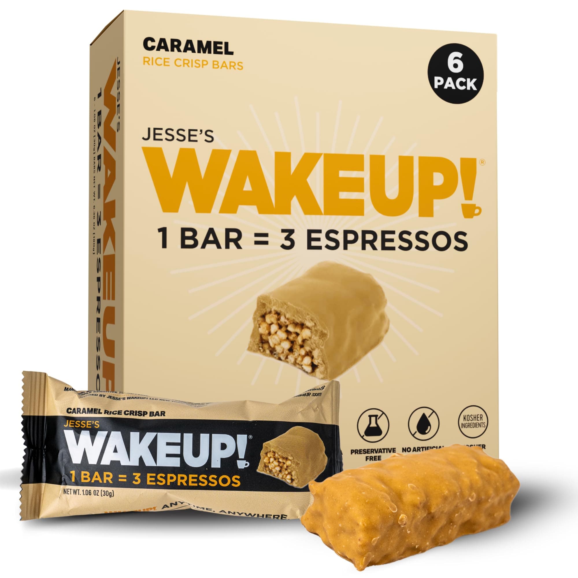 WAKE UP! Caffeinated Caramel Energy Bars - 350mg Caffeine Per Bar (3 Espressos) - Coffee Alternative for Extreme Energy & Focus - Vegetarian, Gluten-Free, Kosher - 6 Pack