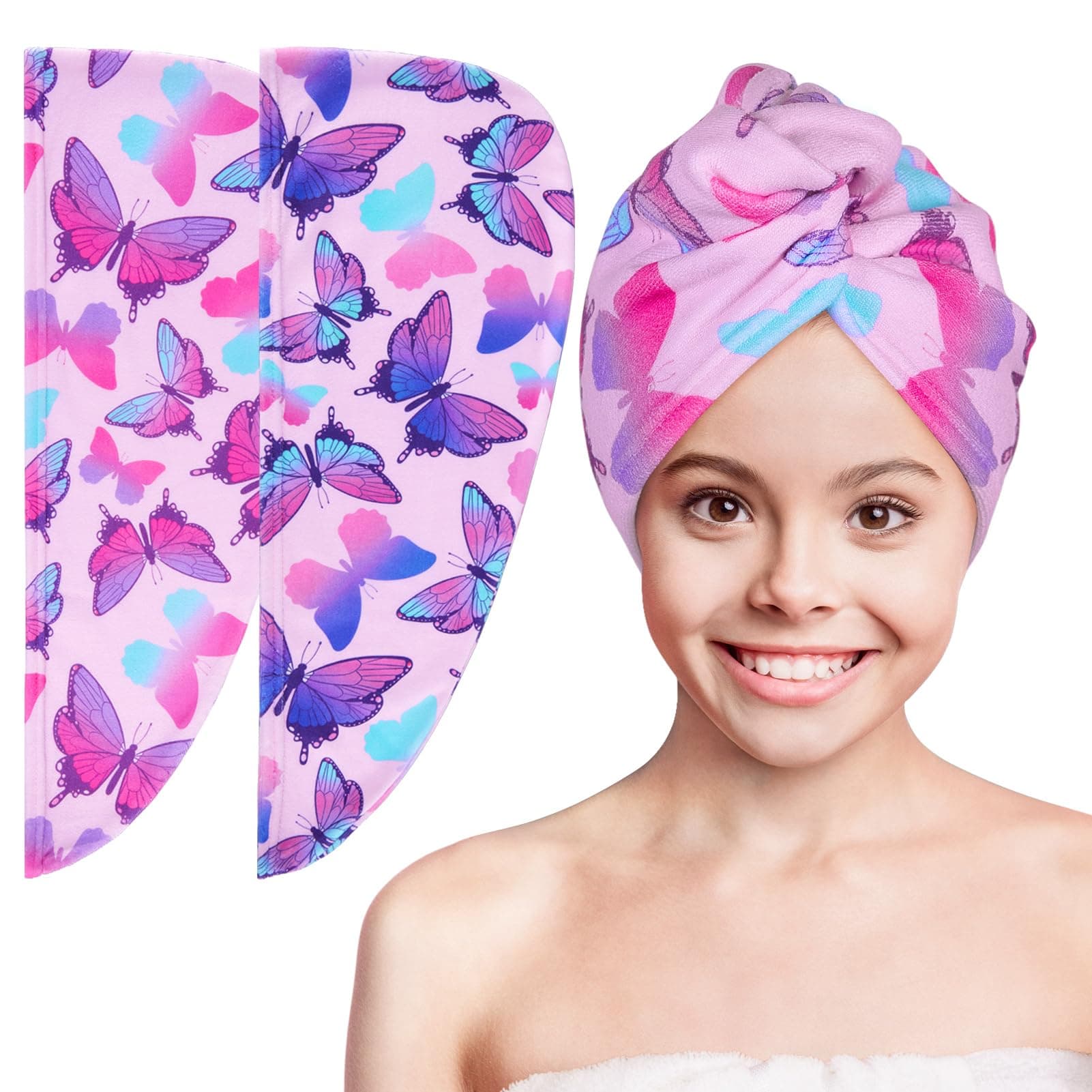 Basumee Microfiber Hair Towel Wrap for Kids 2 Pack - Rapid Drying Turbans With Button for Wet Hair - Head Towel Wrap for Women and Girls, Blue Pink Butterfly