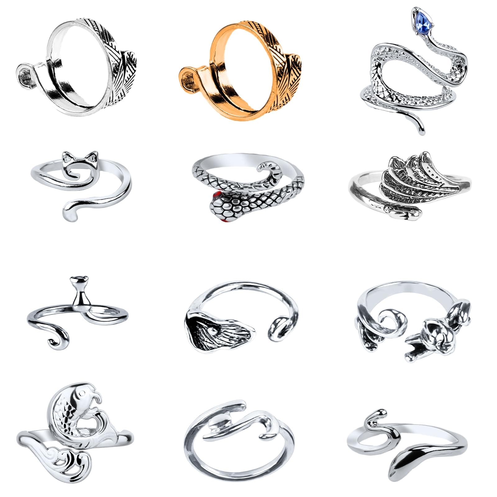 12pcs Knitting Crochet Loop Ring, Adjustable Metal Crochet Yarn Guide Ring Knitting Thimble Finger Holder Fish Cat Snake Design Sewing Tools for Quilting DIY Hand Crafts