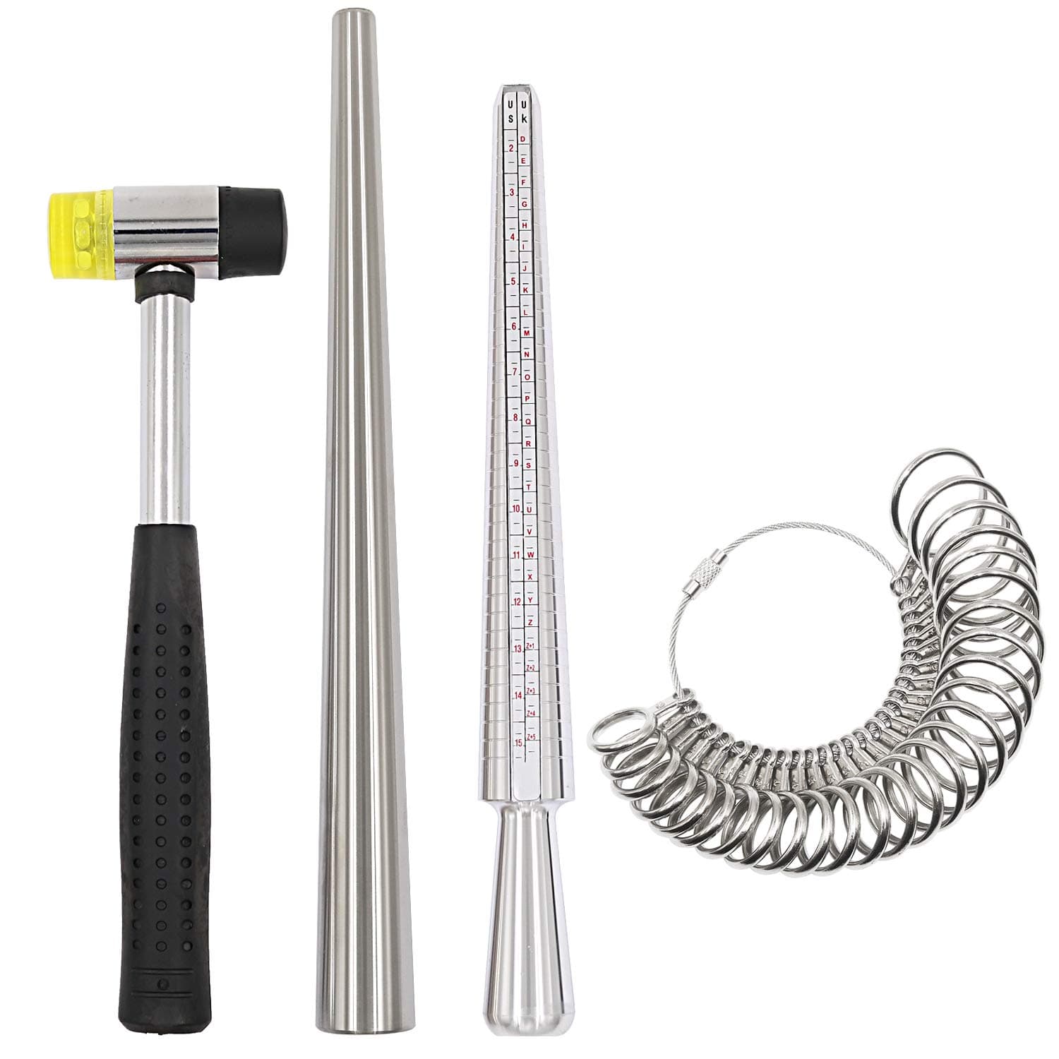 Ring Sizer Mandrel Measuring Tool Steel Ring Sizing Gauge Sizers Set Rubber Jeweler's Mallet Hammer Metal Finger Size Stick Wire Wrap Rings Tools Jewelry Making Kit