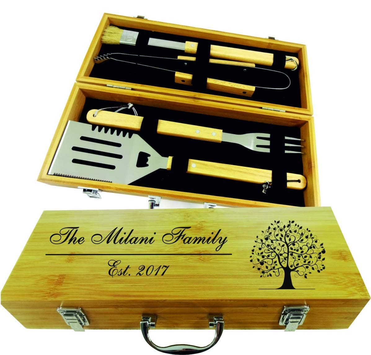 BBQ SET 4 tools | Custom engraved/personalised grilling set with 4 useful Barbeque grilling tools | Barbecue Utensils Gifts for Man, Groomsman | In natural bamboo case | Grill Utensils Set for Dad