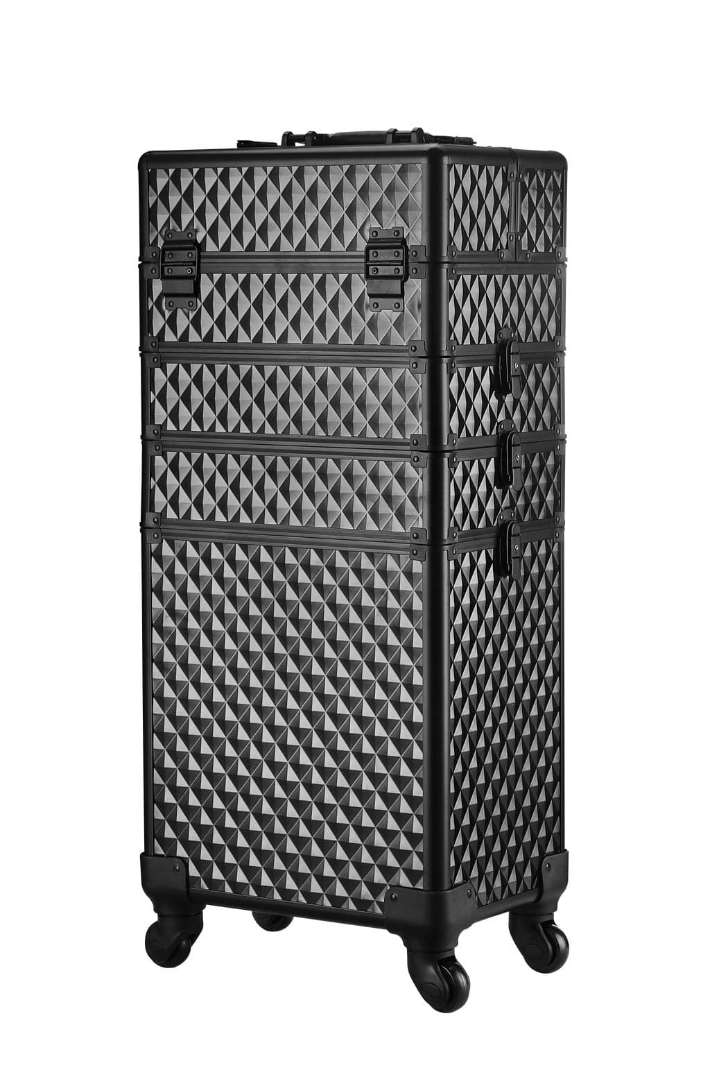 Rolling Train Case 4-in-1 Portable Professional Cosmetic Makeup Travel Case Aluminum Artists Jewelry Storage With DIY Adjustable Divider(Black)