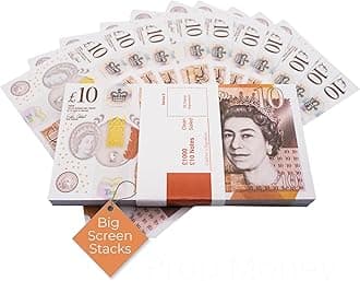 Big Screen Stacks | PROP MONEY | UK COMPANY | REALISTIC UK POUNDS GBP BRITISH ENGLISH BANK 100 x 10 POUND NOTES - Spare Bank Note Strap. For Movies Films Advertising Social Media Play Fake Party