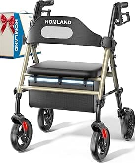 Foldable Rollator Walkers with Seat for Seniors, 8'' Big Wheels, 350 lb. Weight Capacity, Adjustable Handles and Seat Height, Lightweight Rolling Walker, Gold