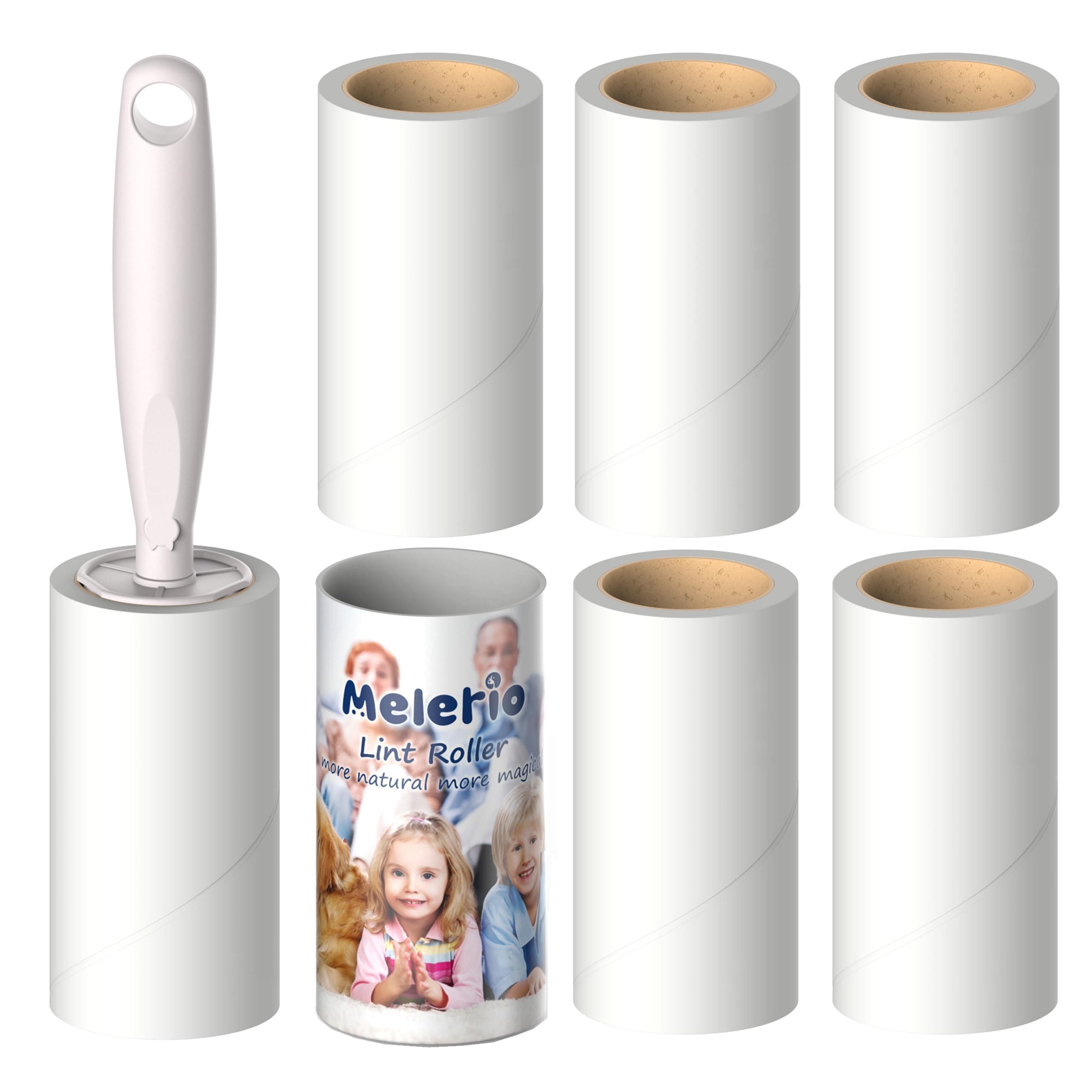 MELERIO Lint Rollers 6 Refills Full 420 Sheets with 1 Protective Cover Holder,1 Handle with 6 Extra Sticky Lint Roller Set for Clothes, Sofa, Bed, Carpet, Lint Roller for Pet Cat Hair Dog Hair, Dust