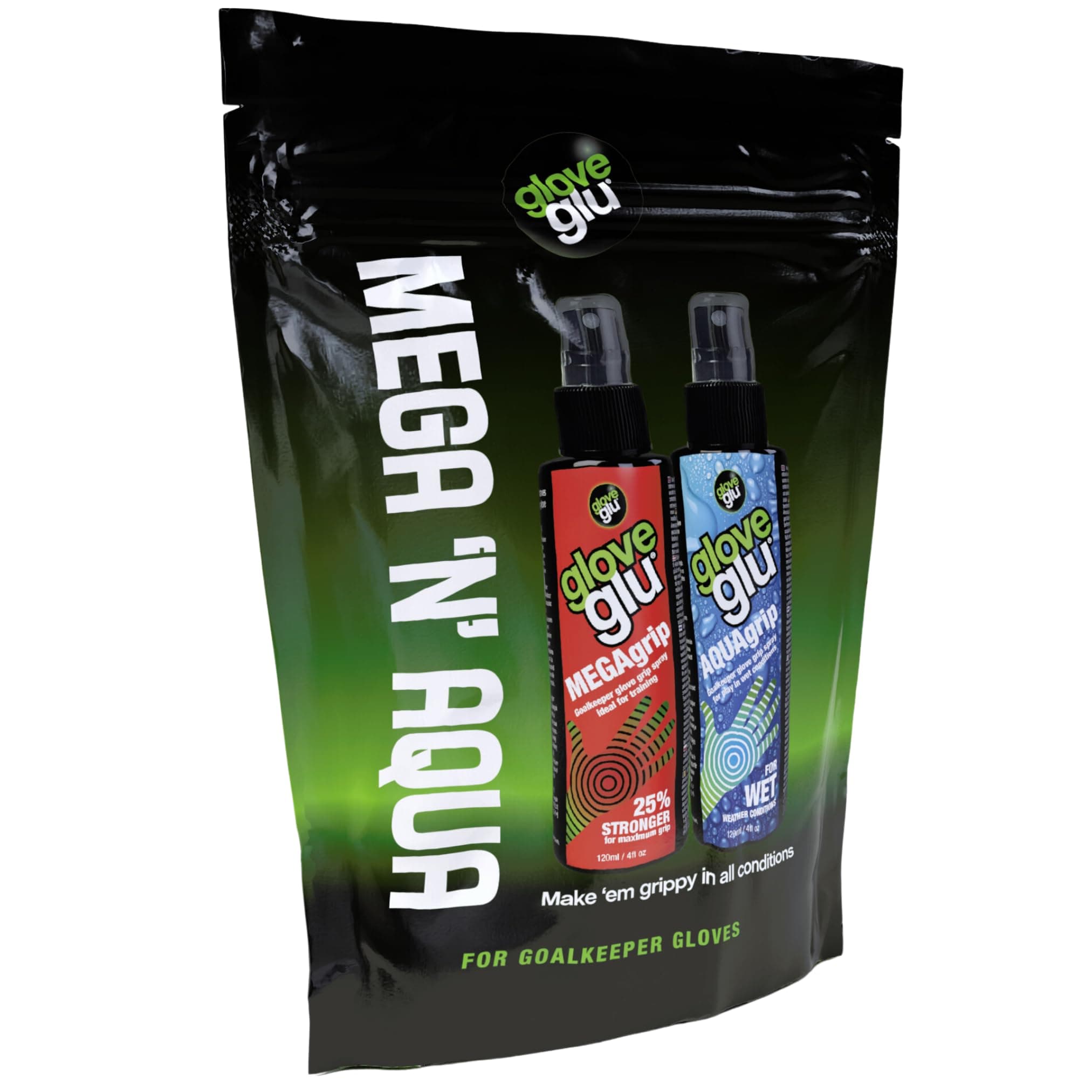 gloveglu Men's MEGA + Aqua Bundle Bag Megagrip Aquagrip 120ml Bottle Improve Goalkeeper Glove Grip, Black, One Size