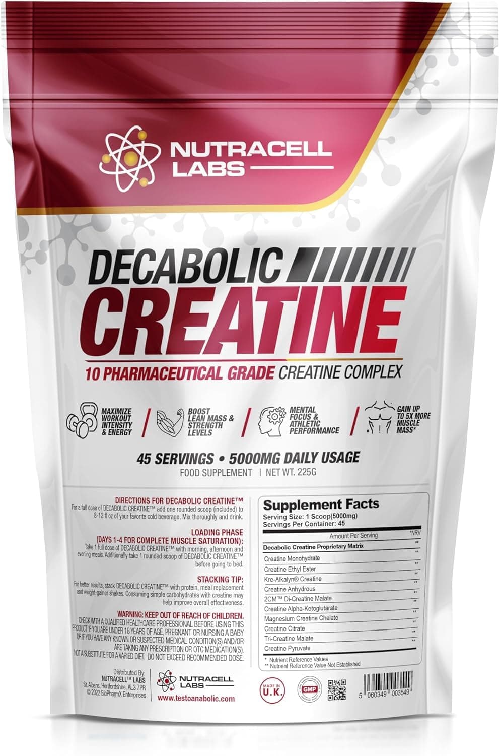Nutracell Labs Decabolic Creatine : Powerful 10 Blend (45 Servings - 5000mg Per Serving) Muscle Growth & Strength Without Steroids / HGH (225g / 8oz)