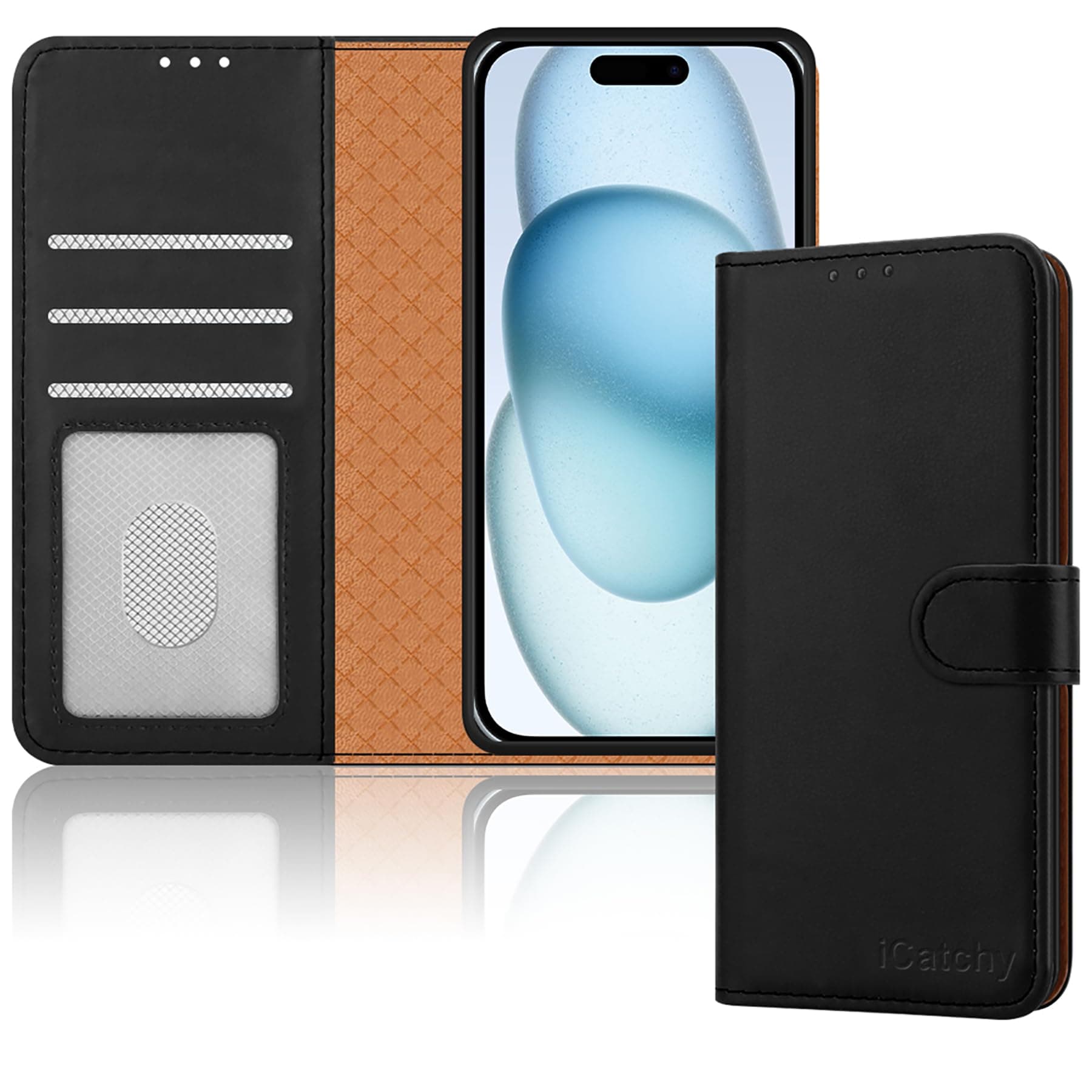 iCatchyfor iPhone 15 Case Leather Wallet Book Flip Folio Stand View Magnetic Protect RFID Blocking Cover Compatible with iPhone 15 (6.1") Phone Case (Black)