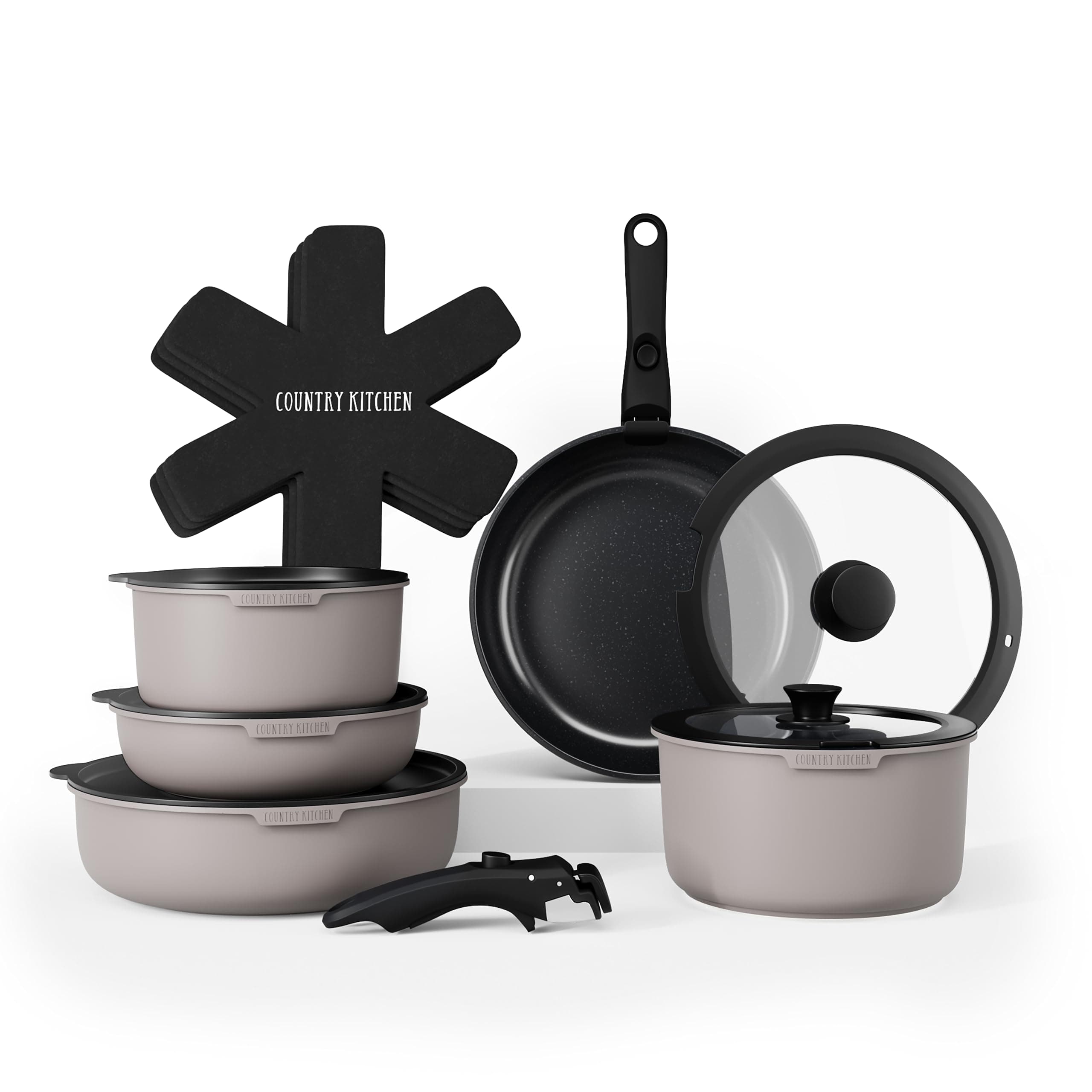 Country Kitchen Cookware Set with Removable Handle, Oven & RV Safe Pots and Pans Set, Grey/Black, Original