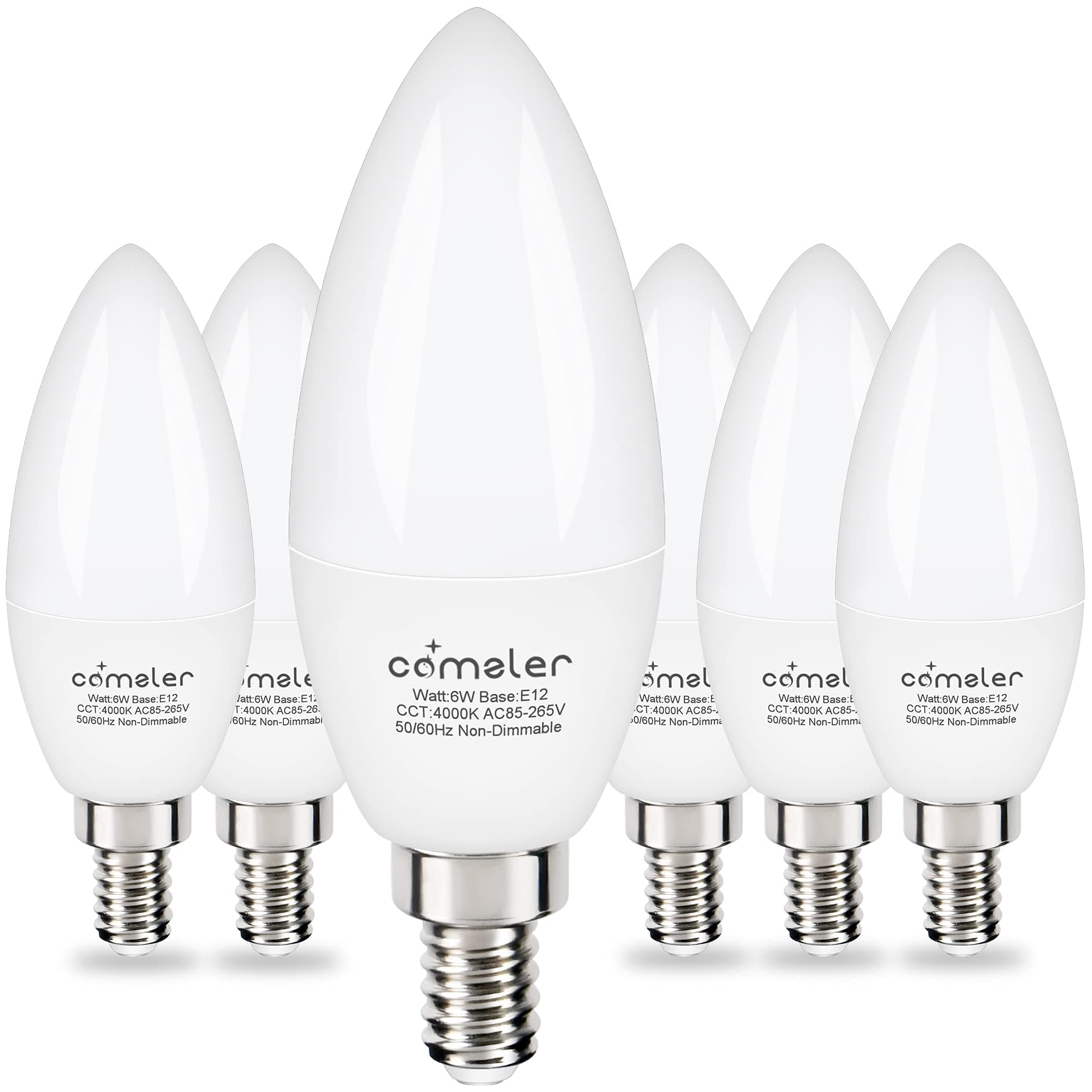 comzler Type B Small Light Bulb, Candelabra LED Light Bulb E12 Small Base 4000K Neutral White - 60watt Equivalent,600LM,Non-Dimmable Candelabra Bulbs, Pack of 6, Non-Dimmable