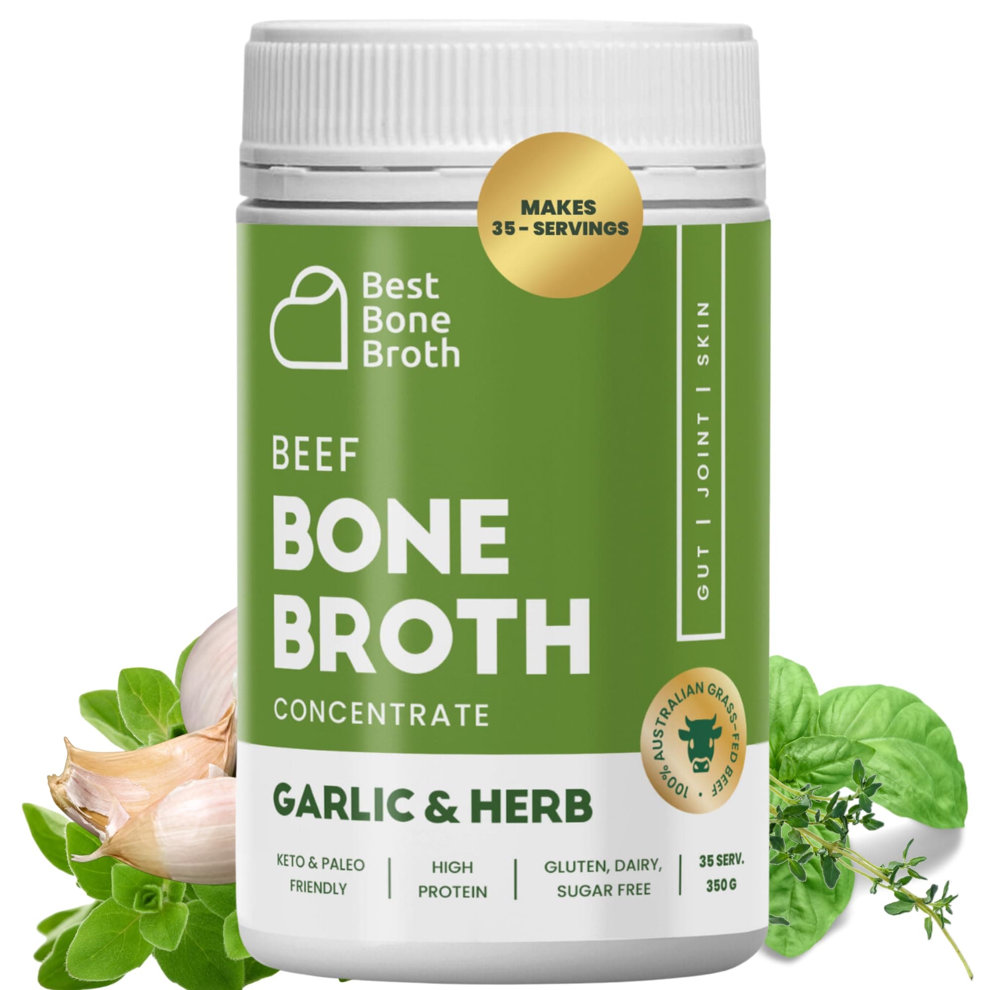 BEEF BONE BROTH CONCENTRATE Garlic Herb Flavor Grass Fed - Made from Australian Cattle - full of protein & collagen | 35 servings/ 2.25 GL of broth | Just add water | Keto & Paleo Friendly | Sippable