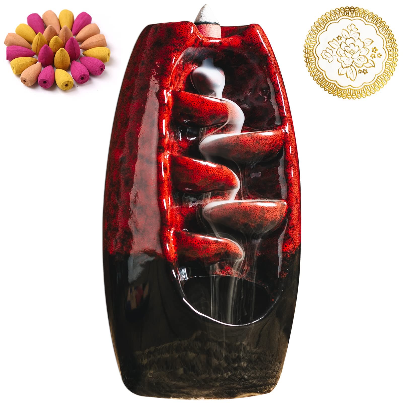 INONE Ceramic Incense Burner with 150 Cones, Waterfall Backflow Incense Holder, Aromatherapy Ornament, Zen Decor, Home Decor, Room Decor (Red)