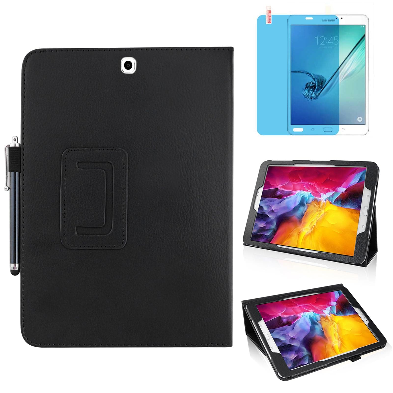 Slim Leather Case for Samsung Galaxy Tab S2 9.7 Inch 2015 (SM-T810 T813 T815 T817 T819), Multi-Angle Stand Full-Protective Tablet Cover Book Case with Stylus Pen,Screen Film (Black)