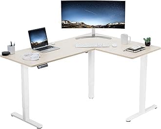 VIVO Electric Corner 63 x 47 inch L-Shaped Standing Desk, Memory Height Adjustment, Light Wood Top White Frame, DESK-E3CTWC-47