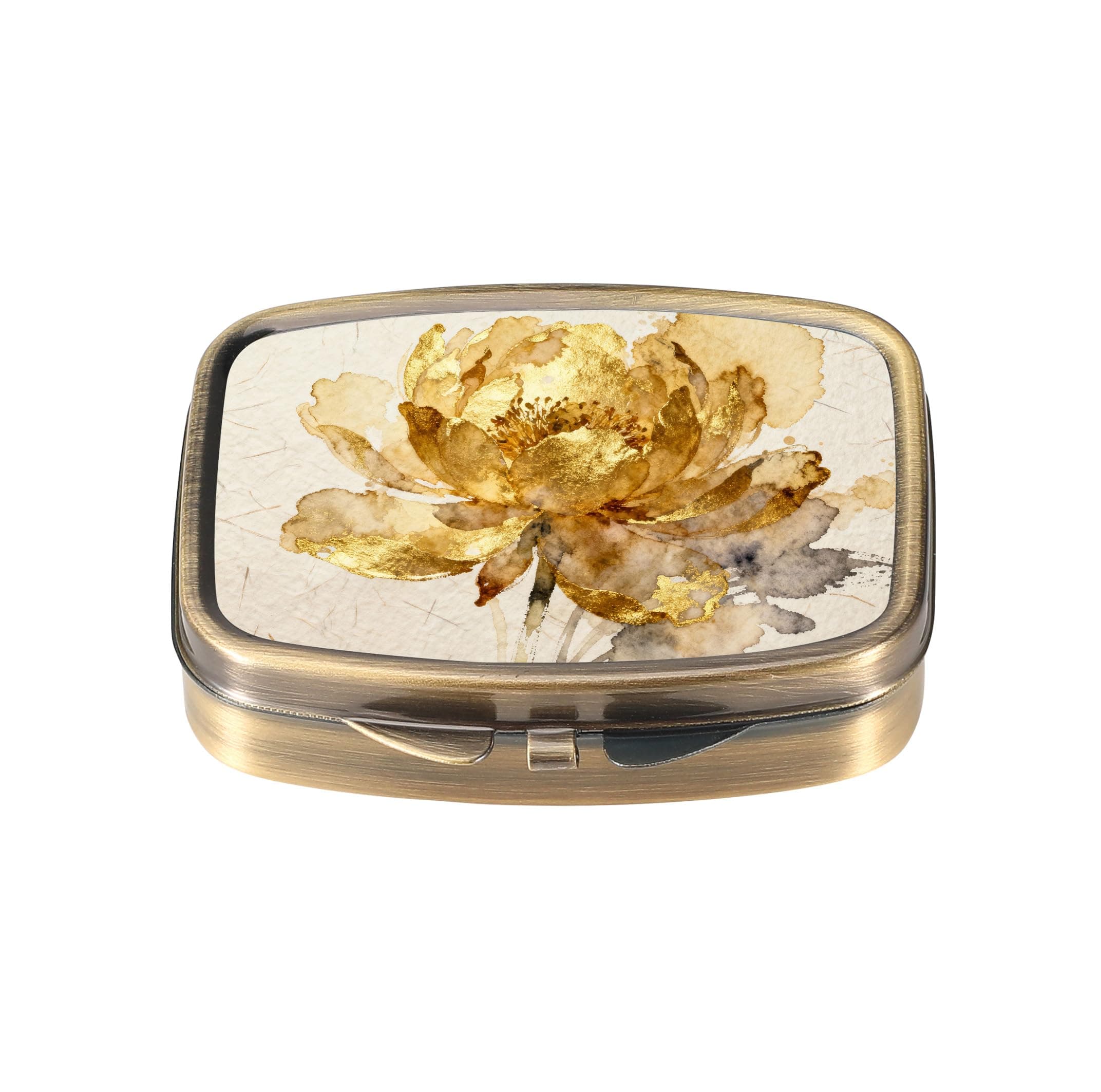 Dynippy Pill Case Pill Box with Mirror Retro Pocket 2 Compartment Medicine Case Vitamin Pill Organizer for Pocket Purse and Travel (A-Golden Flower)