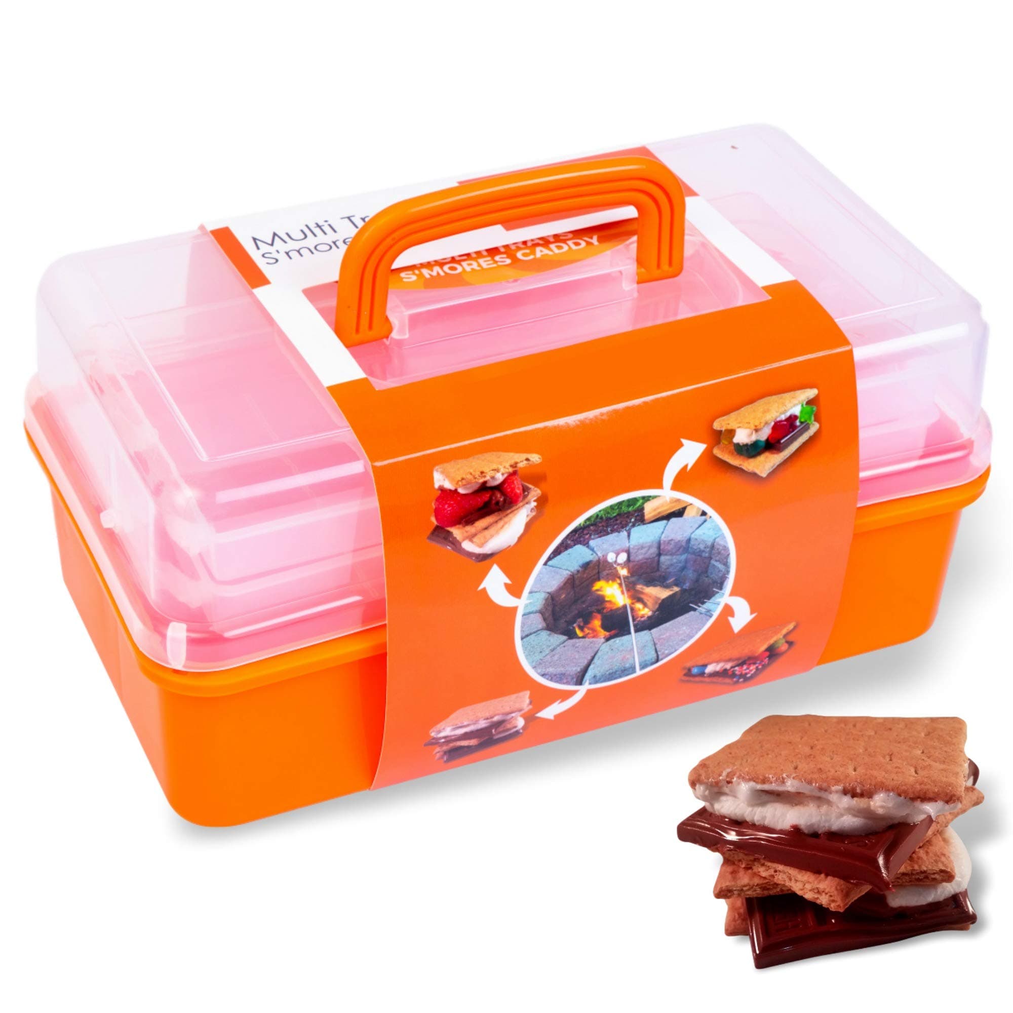 Smores Caddy -TWO FOLDING TRAYS Smore storage Box (Does NOT Include Skewers) Keeps Your Marshmallow Roasting Sticks,Crackers,Chocolate Bars Organized -Campfire,Fire Pit accessories Kit (Orange)