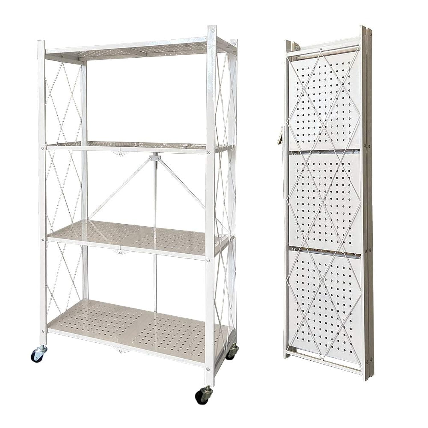 N/P 4-Tier Foldable Storage Shelves with Caster Wheels - White