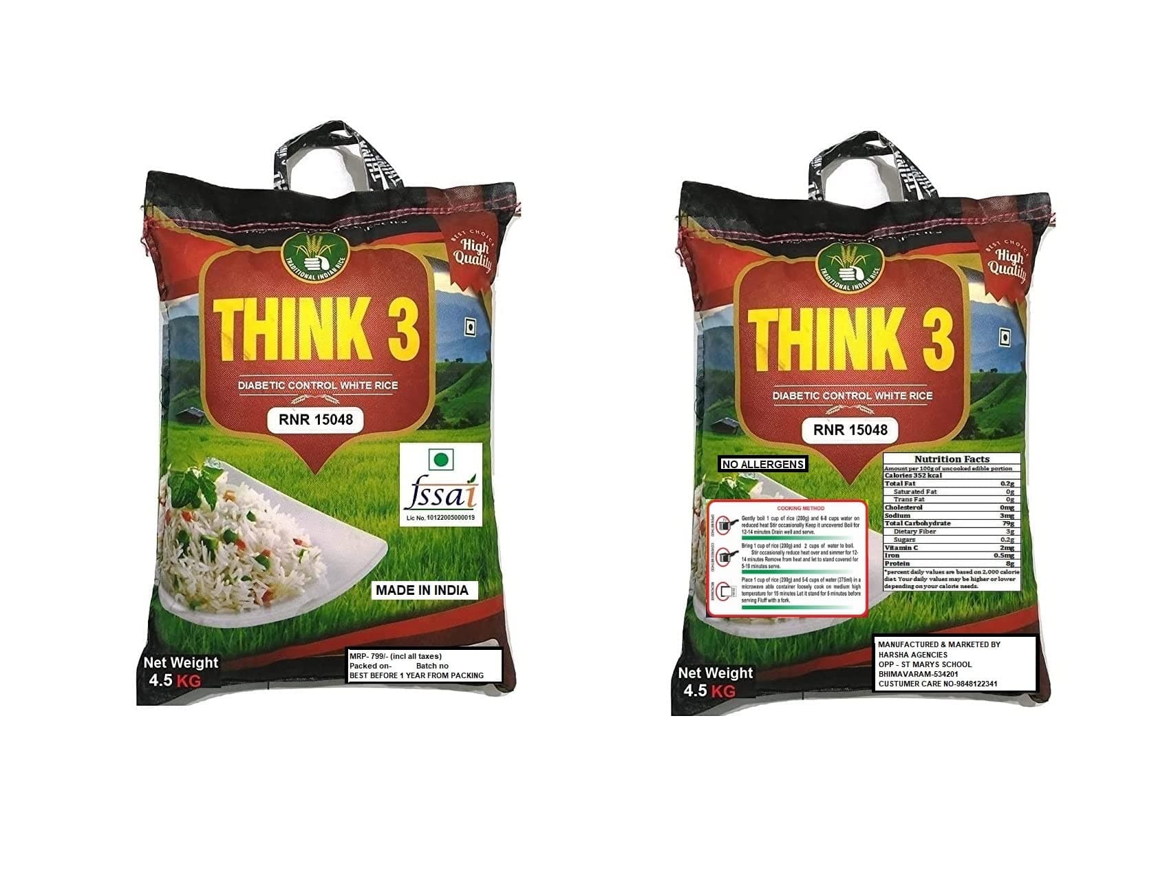 THINK3 Diabetic Control White Rice RNR 15048 with Low glycemic Index (4.5 KG)
