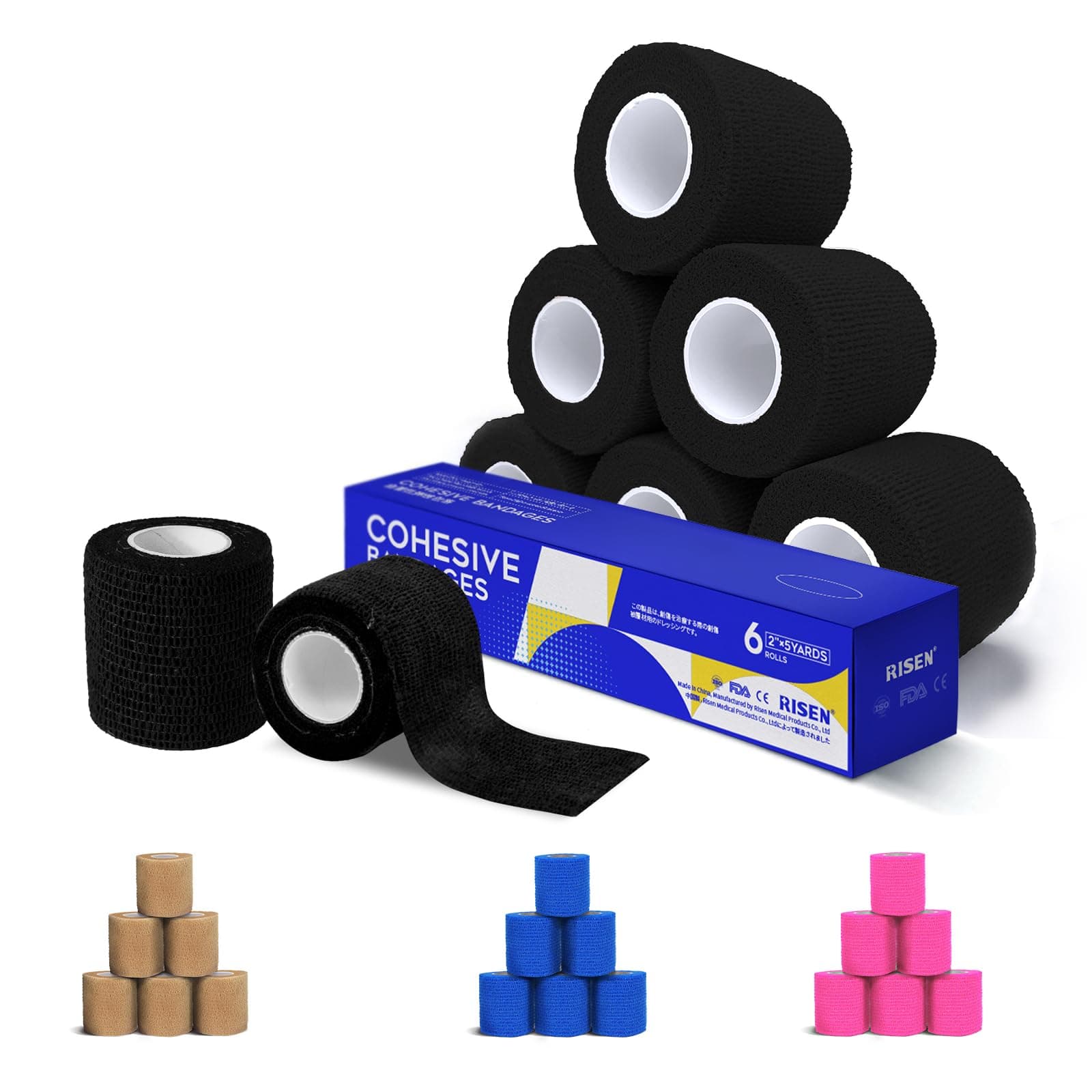 RISEN Cohesive Bandage 2” x 5 Yards, 6 Rolls, Self Adherent Wrap Medical Tape, Adhesive Flexible Breathable First Aid Gauze Ideal for Stretch Athletic