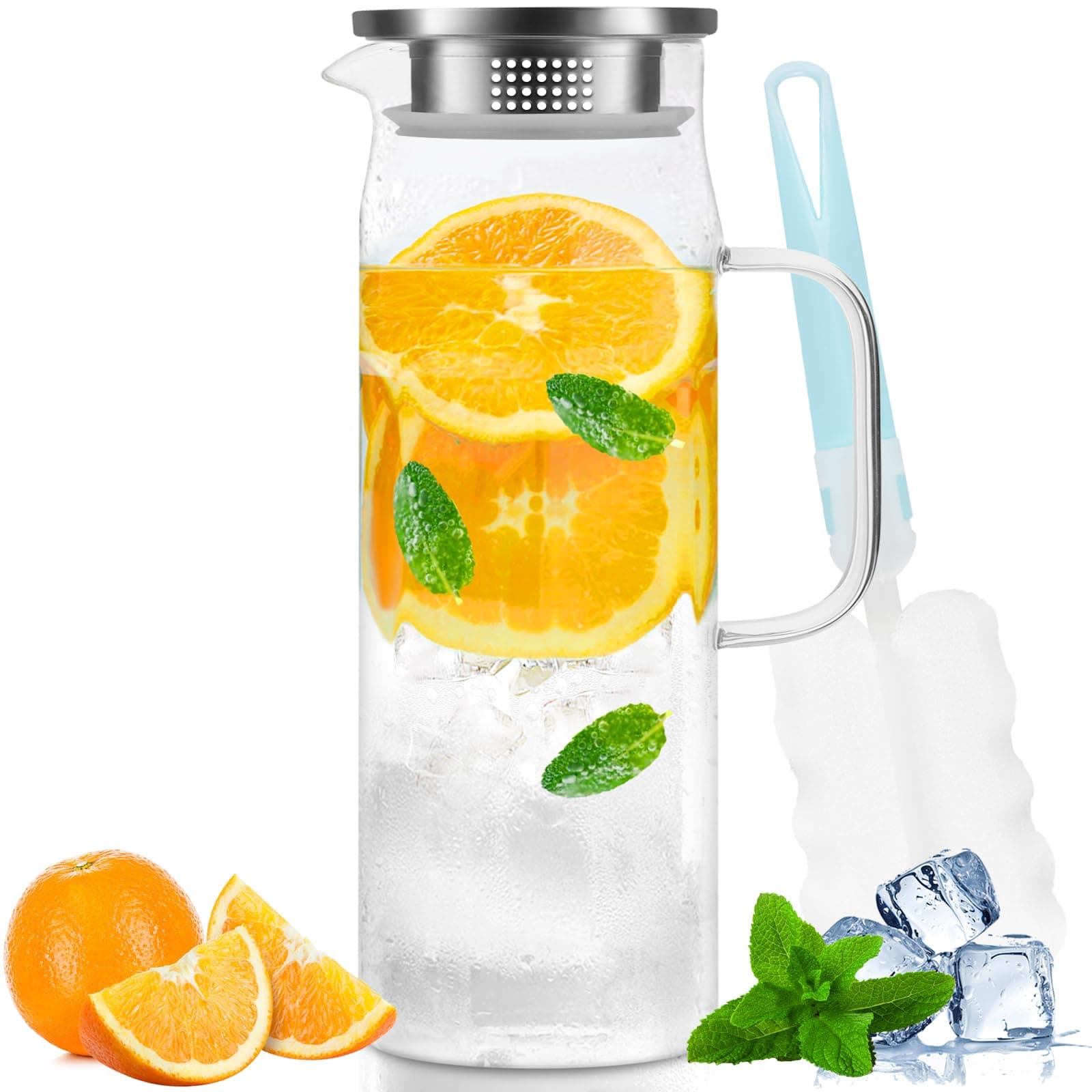 Water Jug with Lid, 1.5 Litre Glass Water Jug, Hot and Cold Glass Pitcher Jug, Fridge Water Jug with Cleaning Brush, Water Carafe, Tea Pitcher, Beverage Pitchers