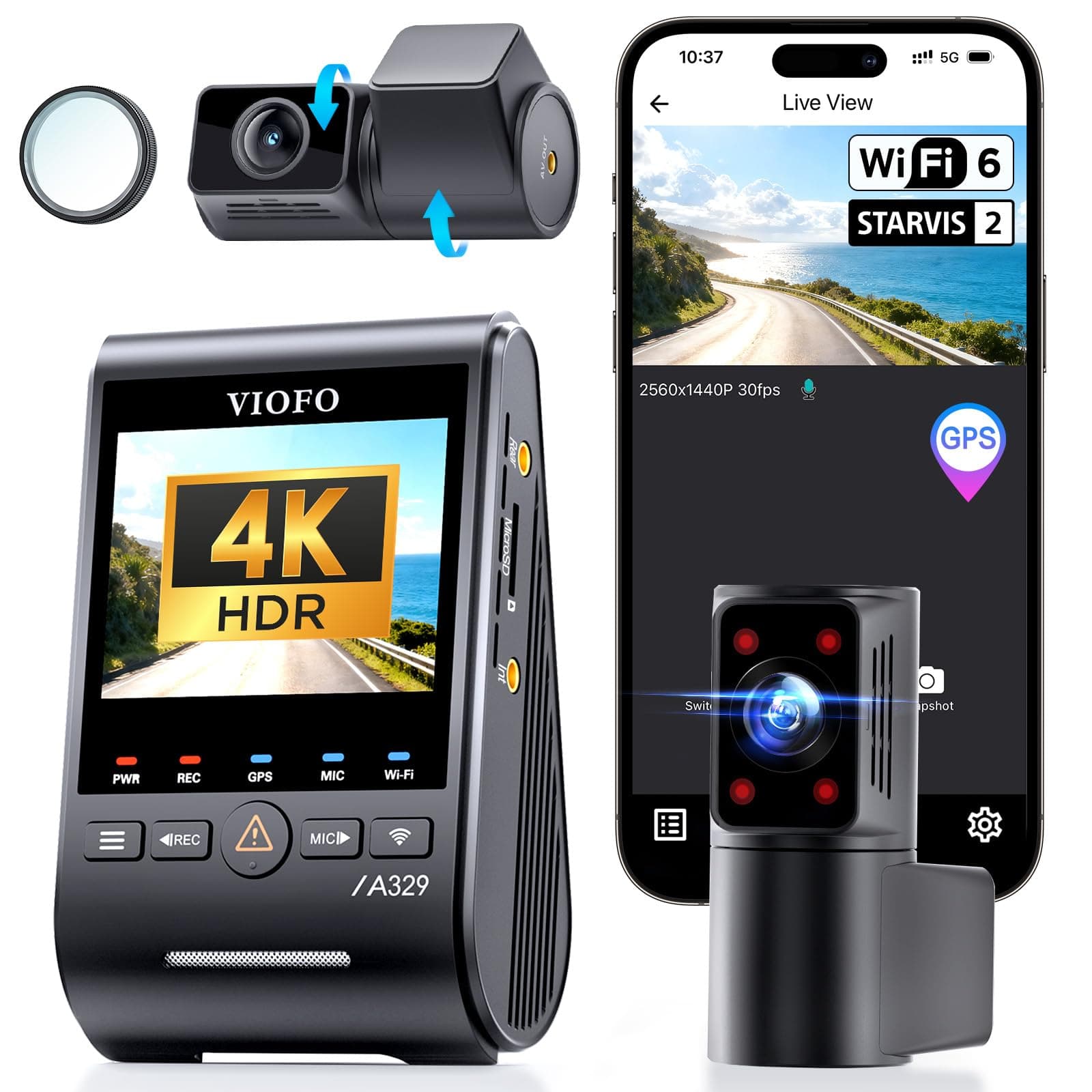 A329S 4K 3 Channel Dash Cam, 4K Front + 2K Cabin Fisheye (210°) + 2K Rear, Power Saving Parking Mode, Wi-Fi 6 App Control, All-Channel STARVIS 2 Sensors, Supports up to 4TB SSD Storage